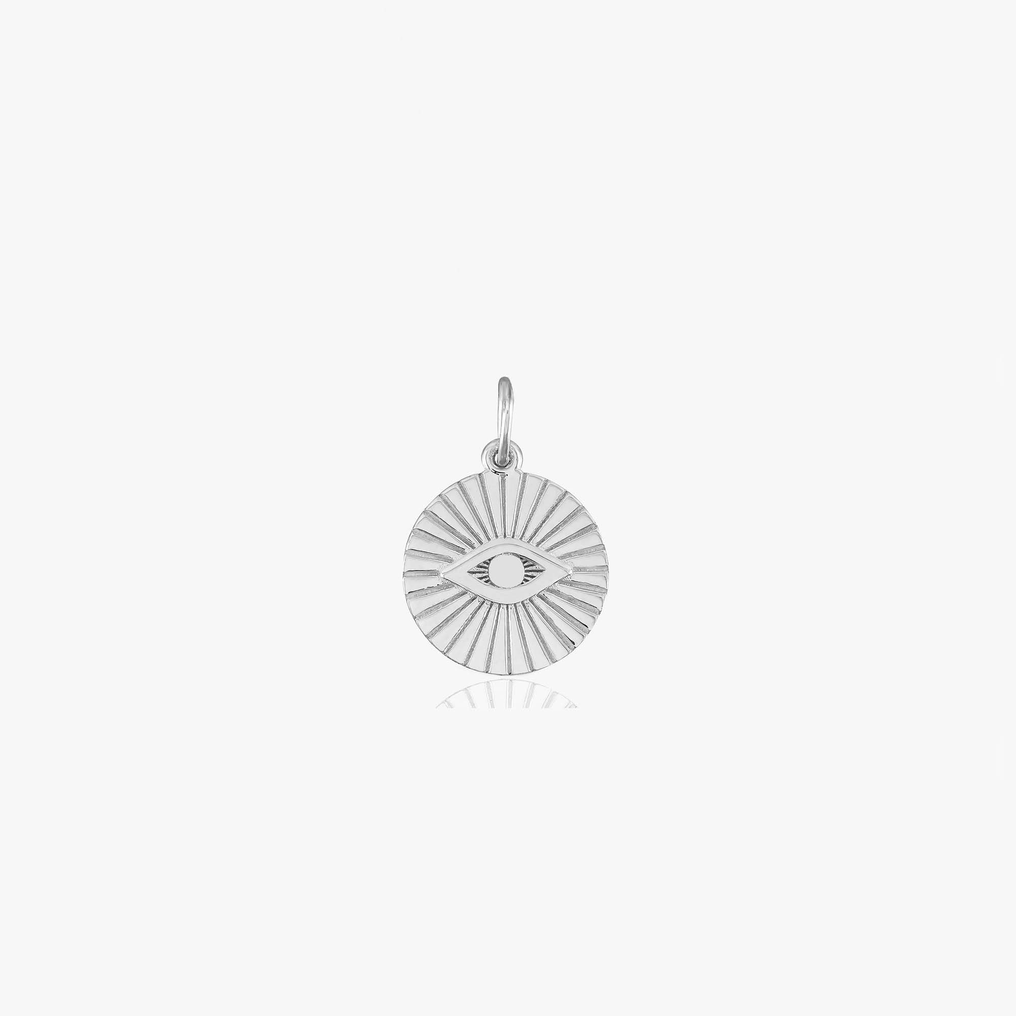 A 14k white gold evil eye coin pendant shown on a white background.