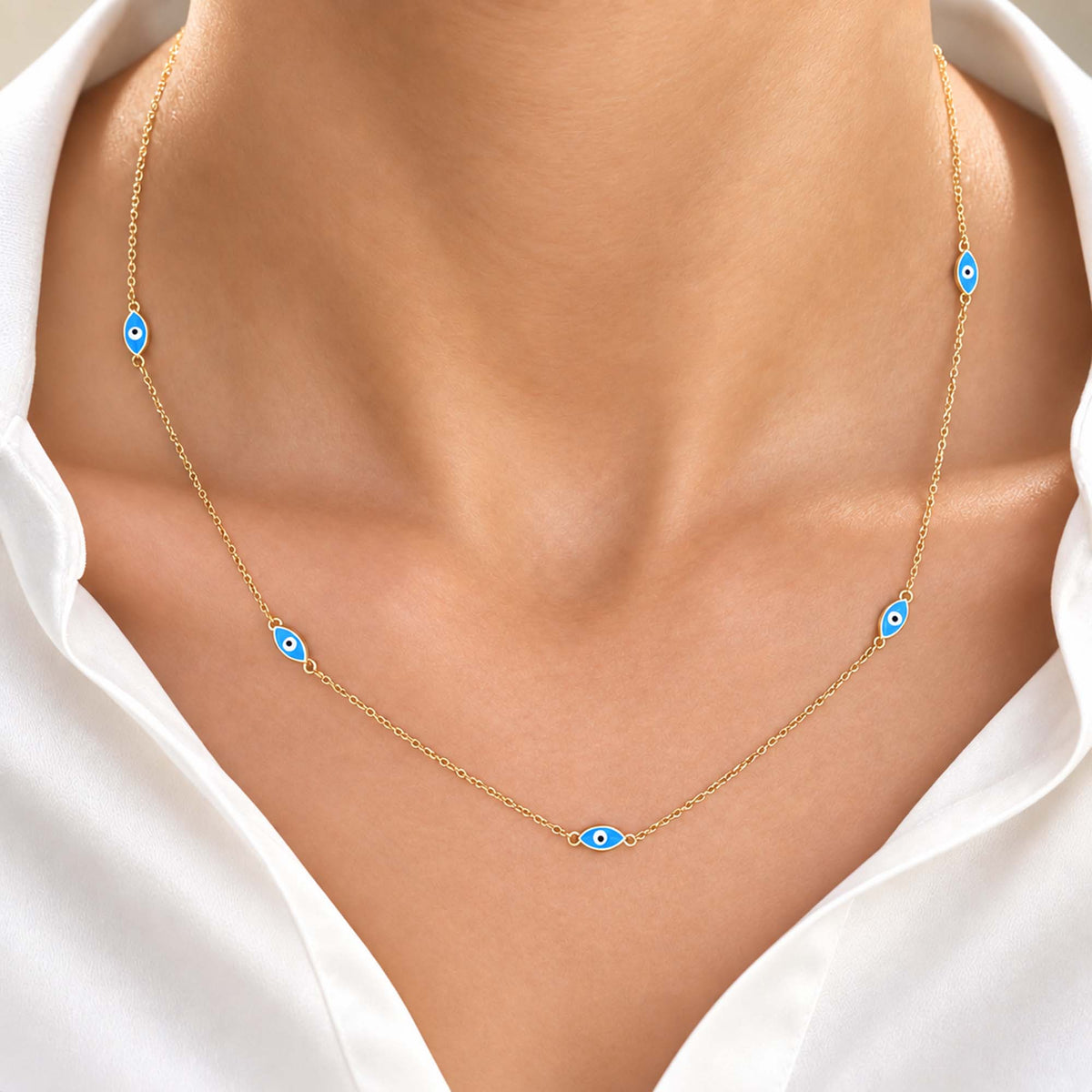 Evil Eye Station Necklace in 14K Gold