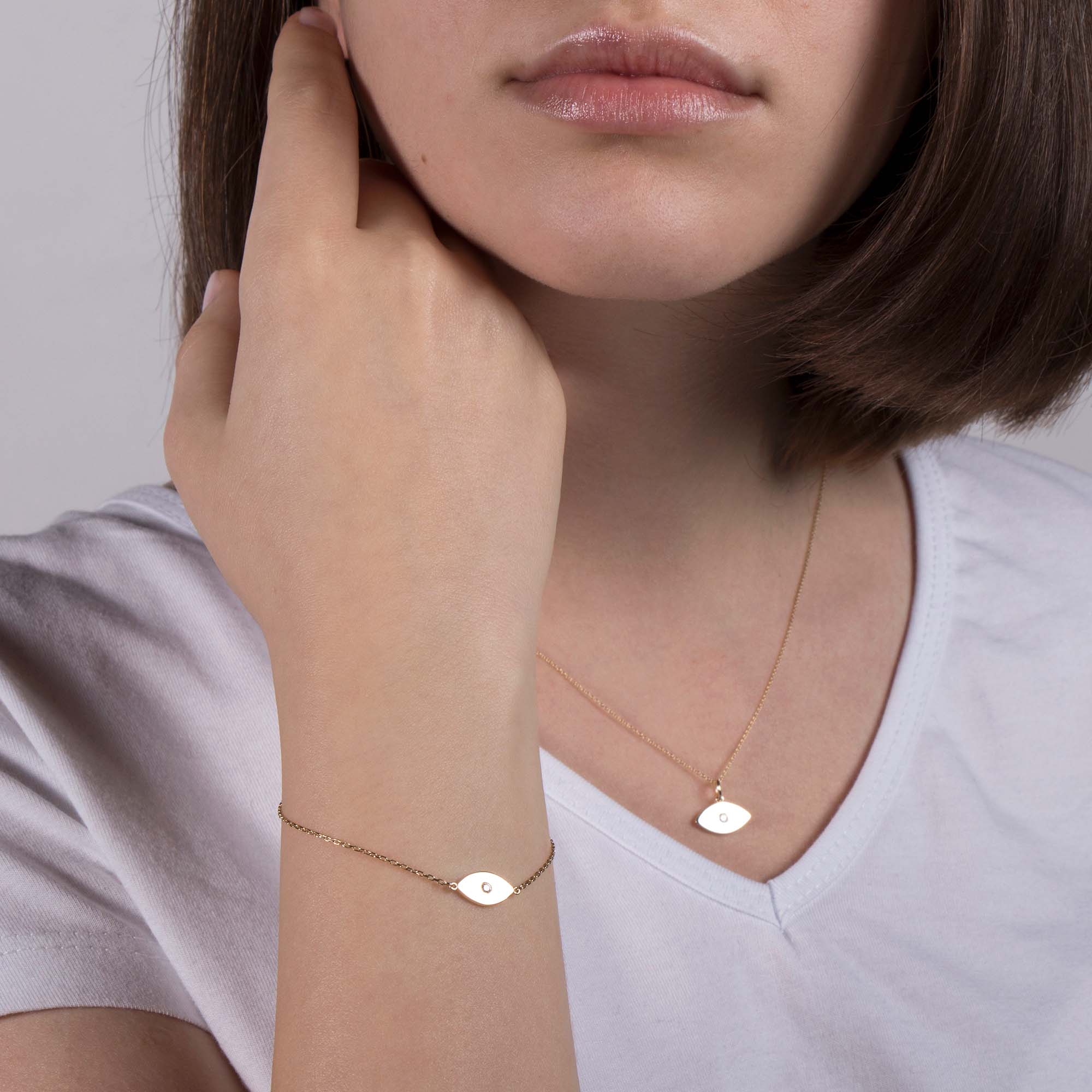 Mini Diamond Elongated Evil Eye Pendant in 14K Gold