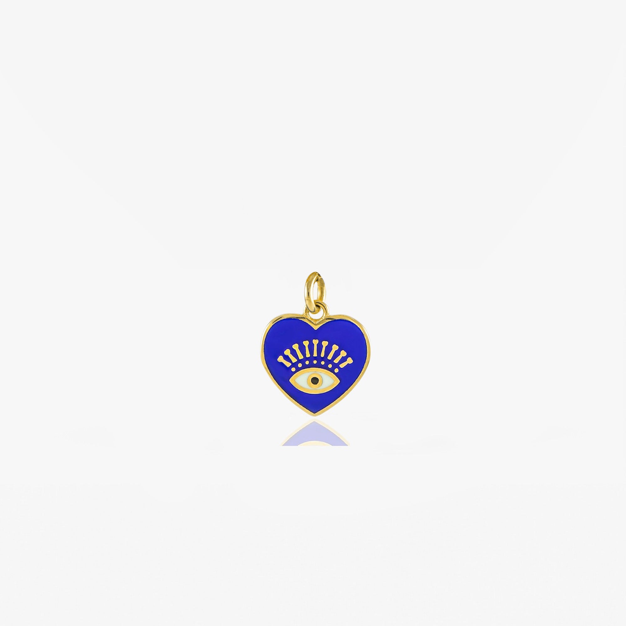 A 14K solid gold heart-shaped charm with a blue enamel finish and a protection eye embedded at its center.