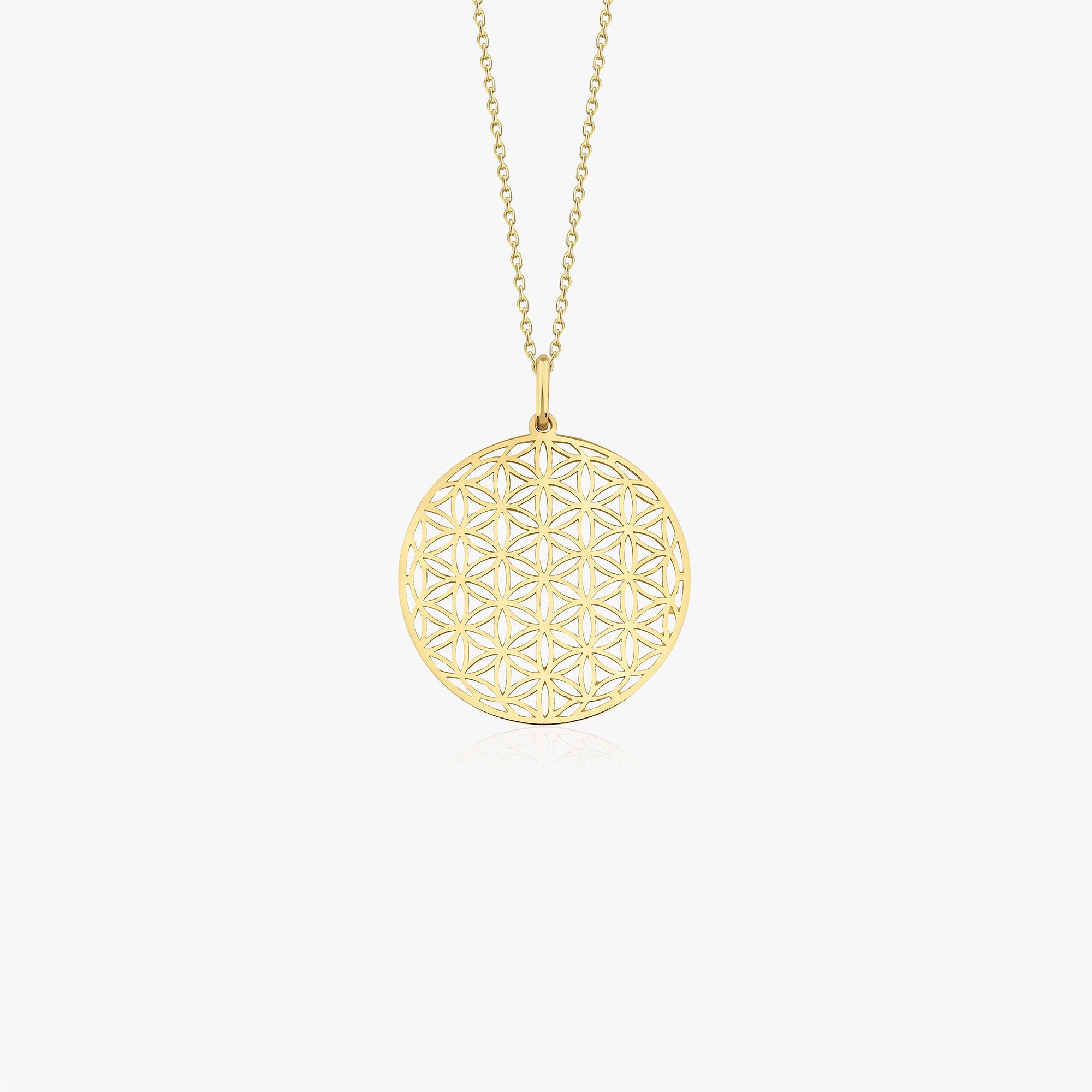 A 14K gold necklace featuring the Flower of Life geometric pattern with 19 circles interconnected in a circular arrangement.