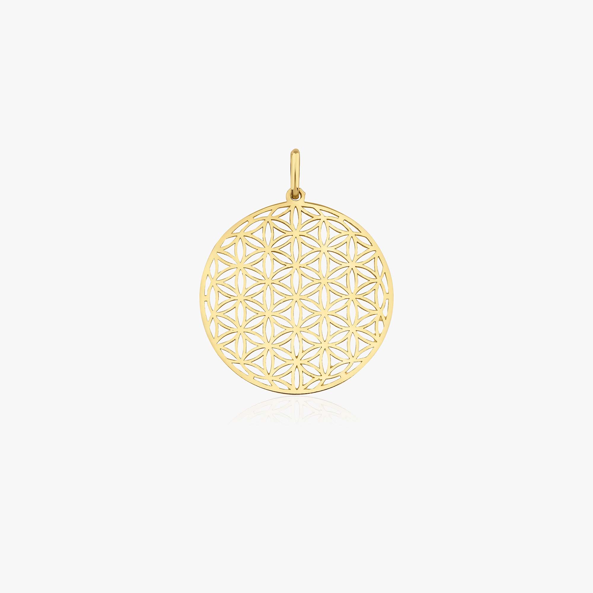 A 14K gold pendant featuring the Flower of Life geometric pattern with 19 circles interconnected in a circular arrangement.