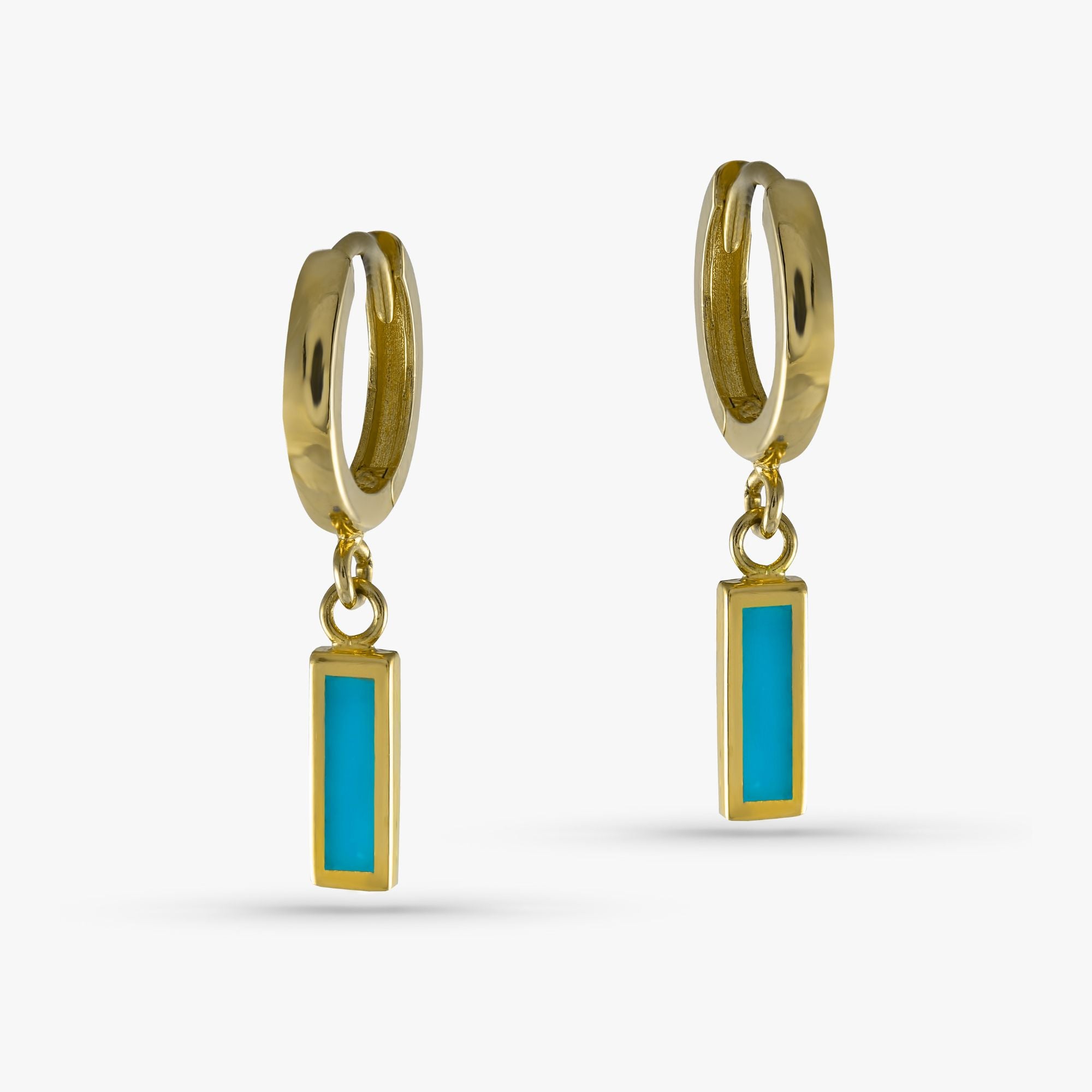 Turquoise Color Dangle Hoop Earrings in 14K Gold