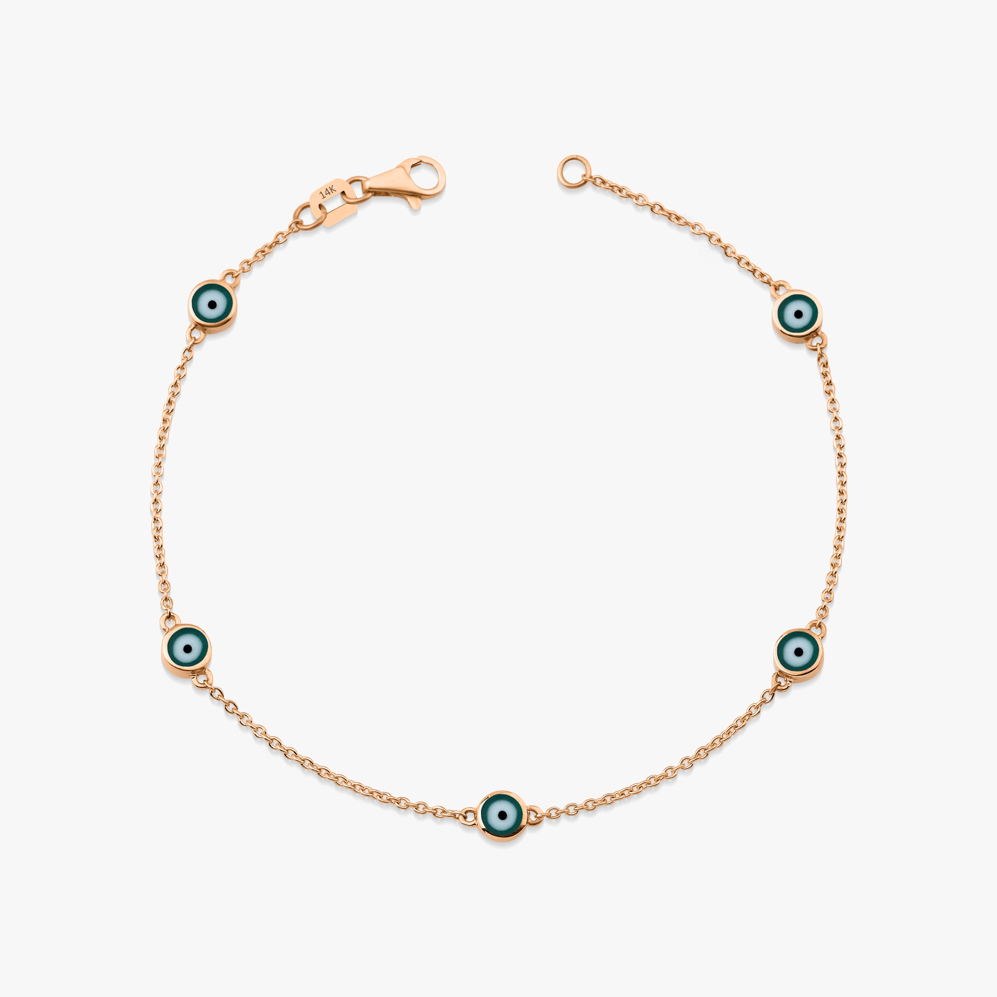 5 Green Evil Eye Bracelet in 14K Gold