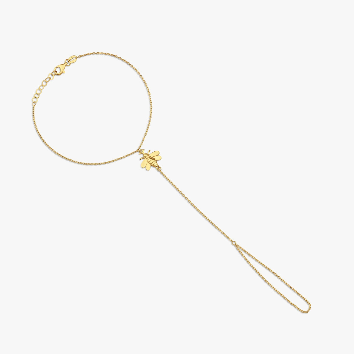 A 14K gold bee hand chain bracelet with a solid pattern and a central bee design.