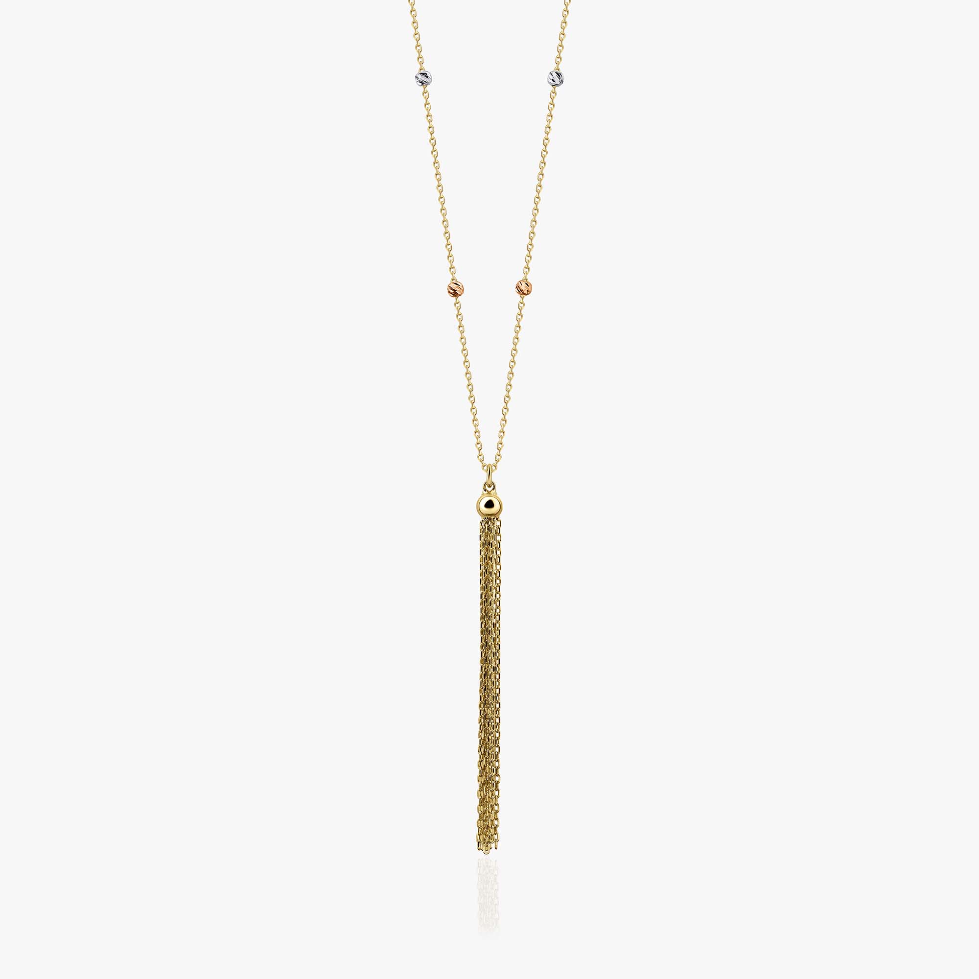 A 14k yellow gold chain tassel necklace laser cut beads alongside the chain shown on a white background. 