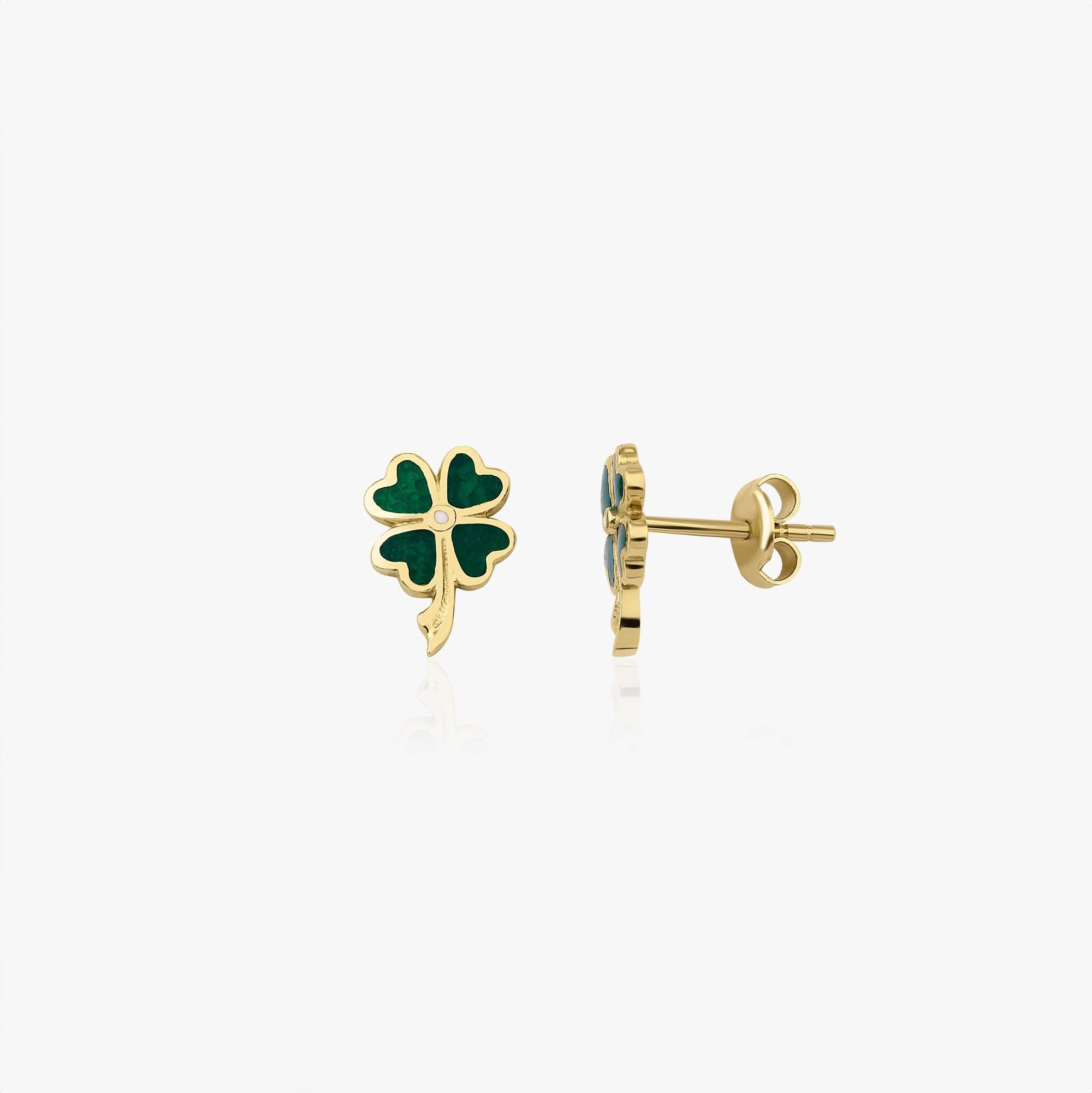 Green Four Leaf Clover Studs in 14K Gold