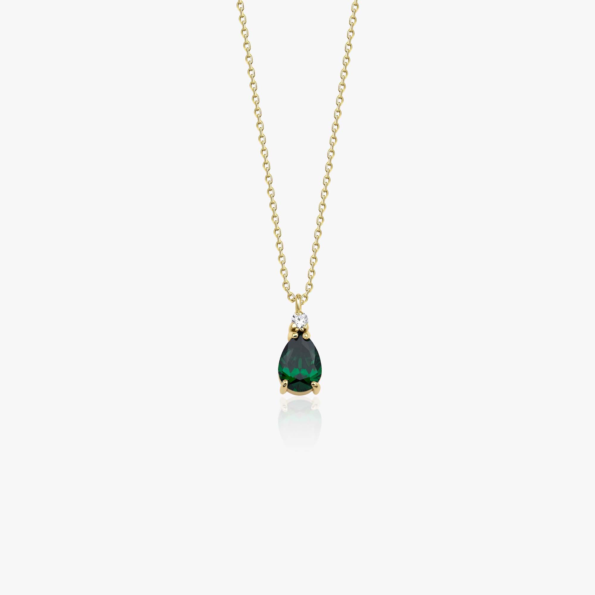 A 14k yellow gold green drop necklace shown on a white background.