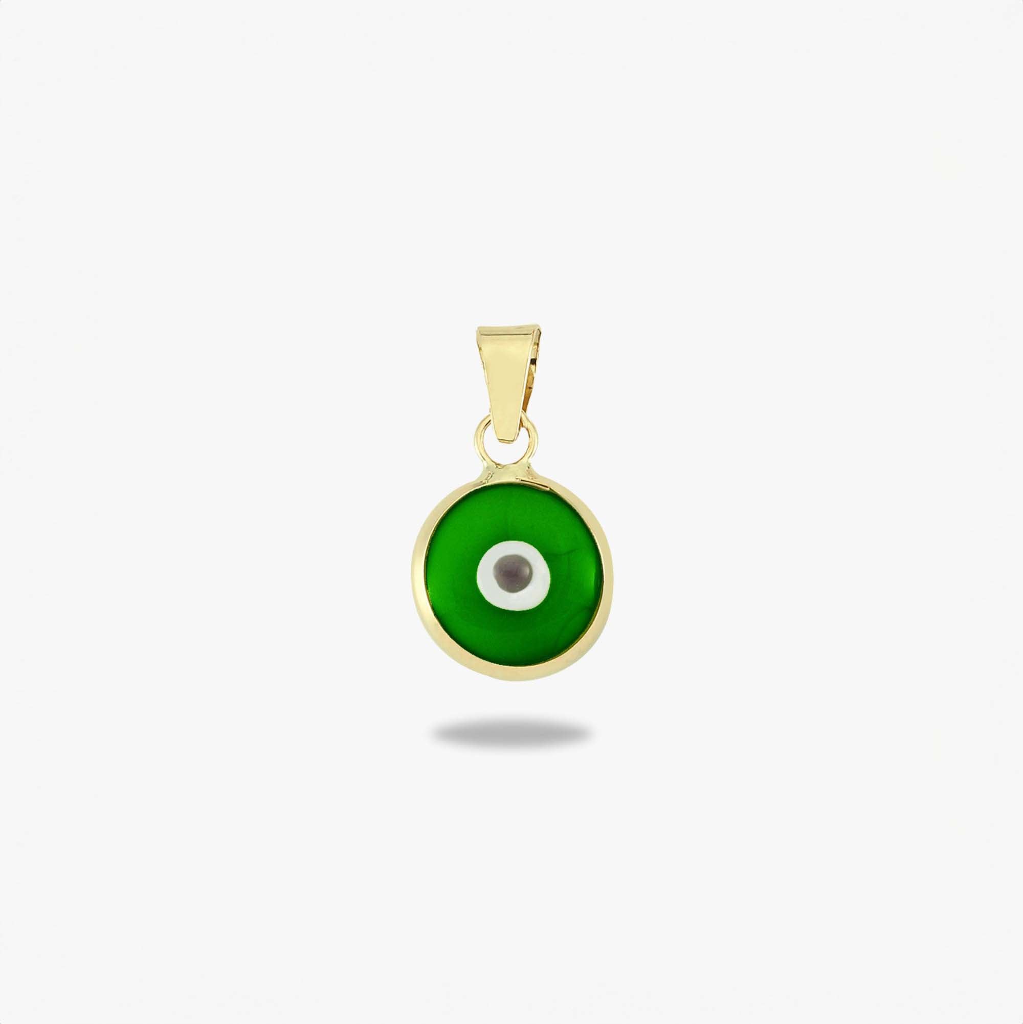 A 14k yellow gold opaque green evil eye pendant shown on a white background
