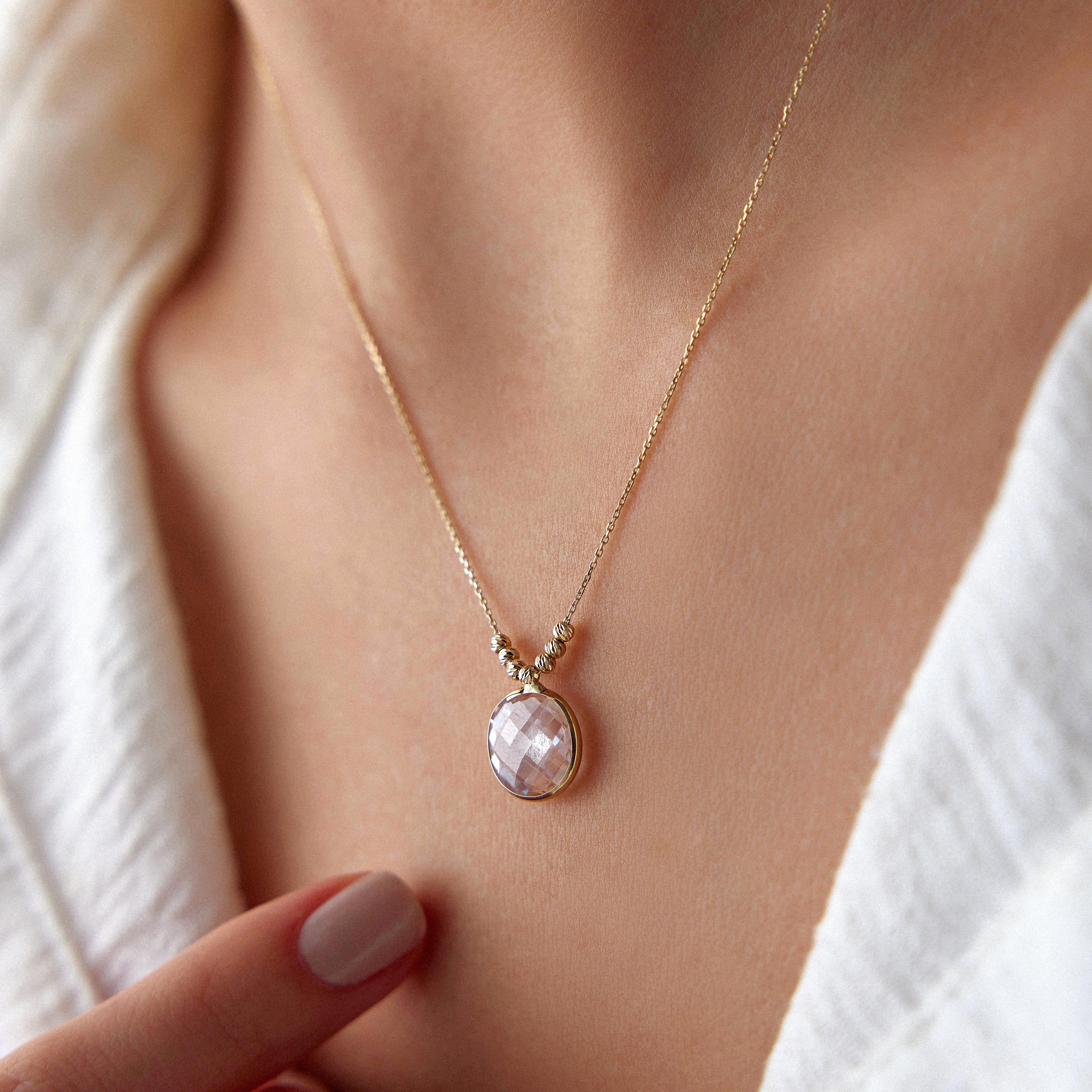 White Crystal Pendant Necklace in 14K Gold