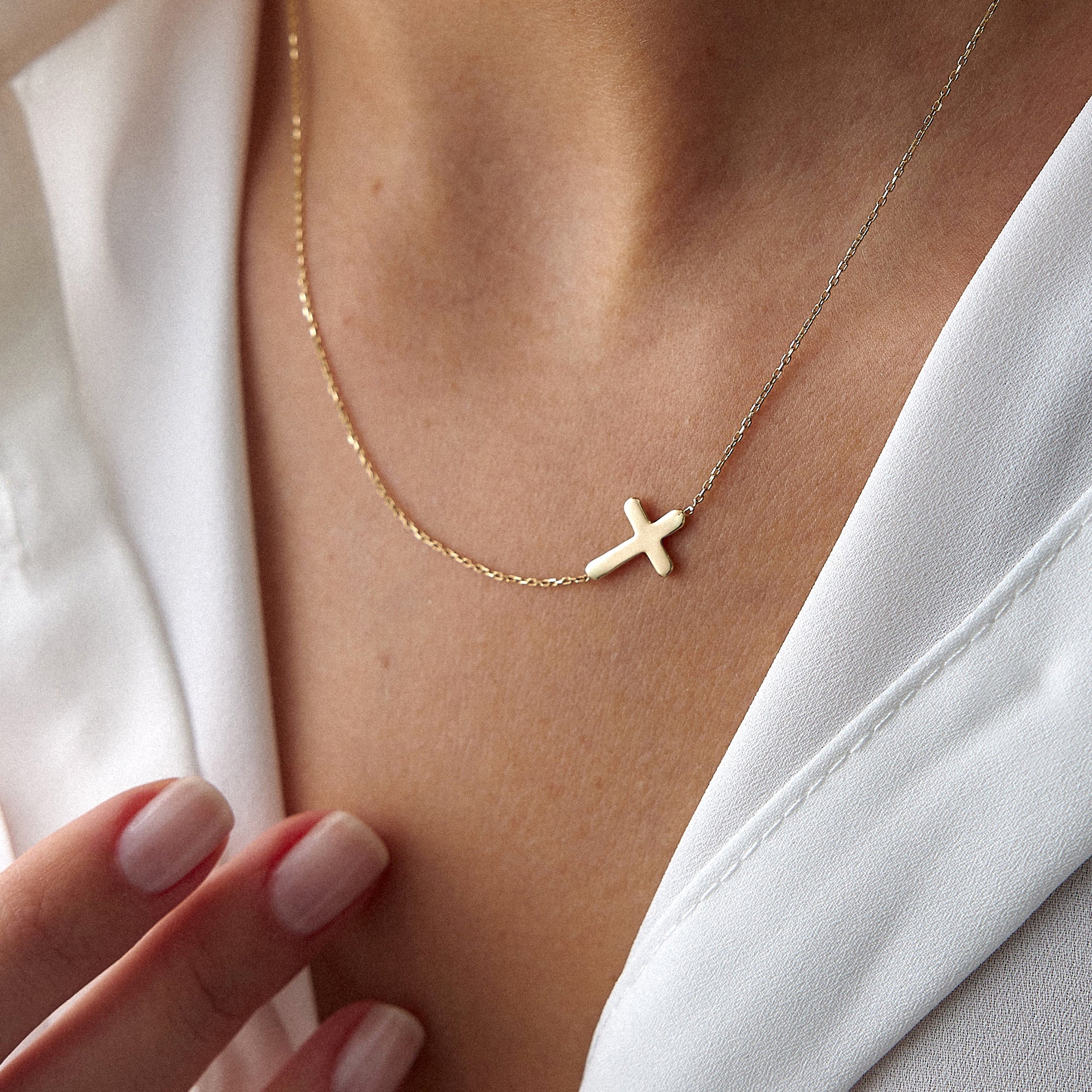 Sideways Cross Necklace in 14K Gold