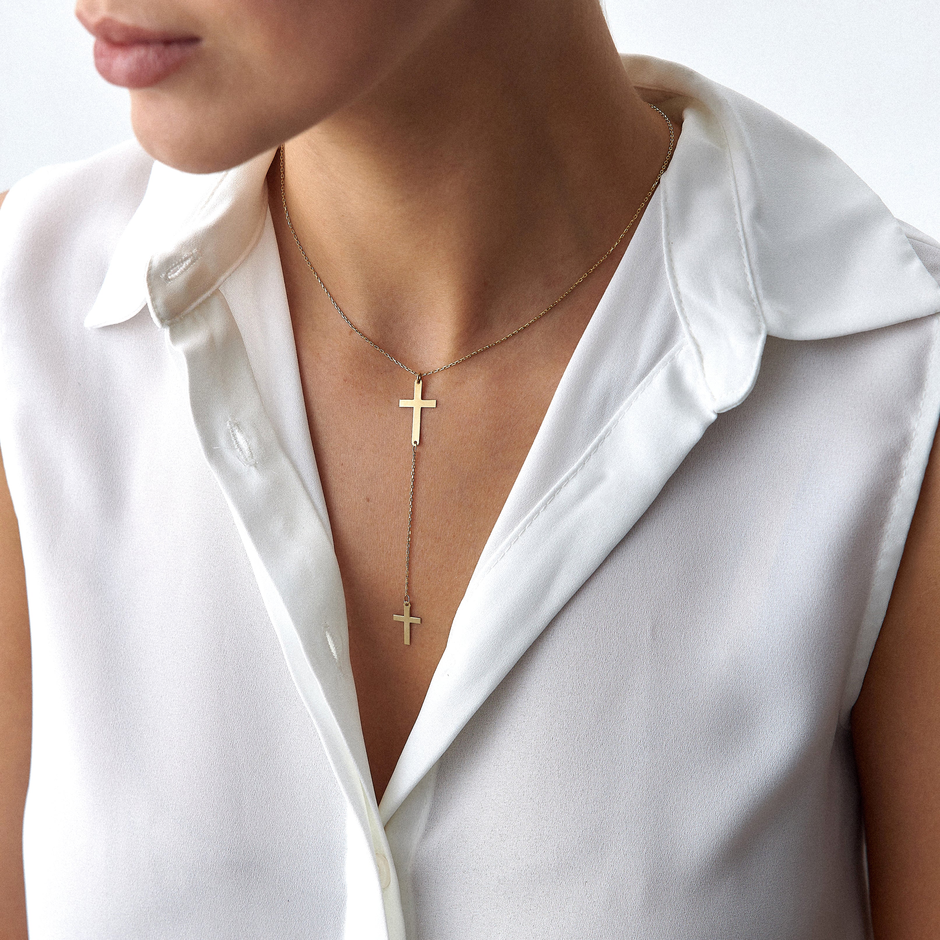 Lariat Cross Necklace in 14K Gold