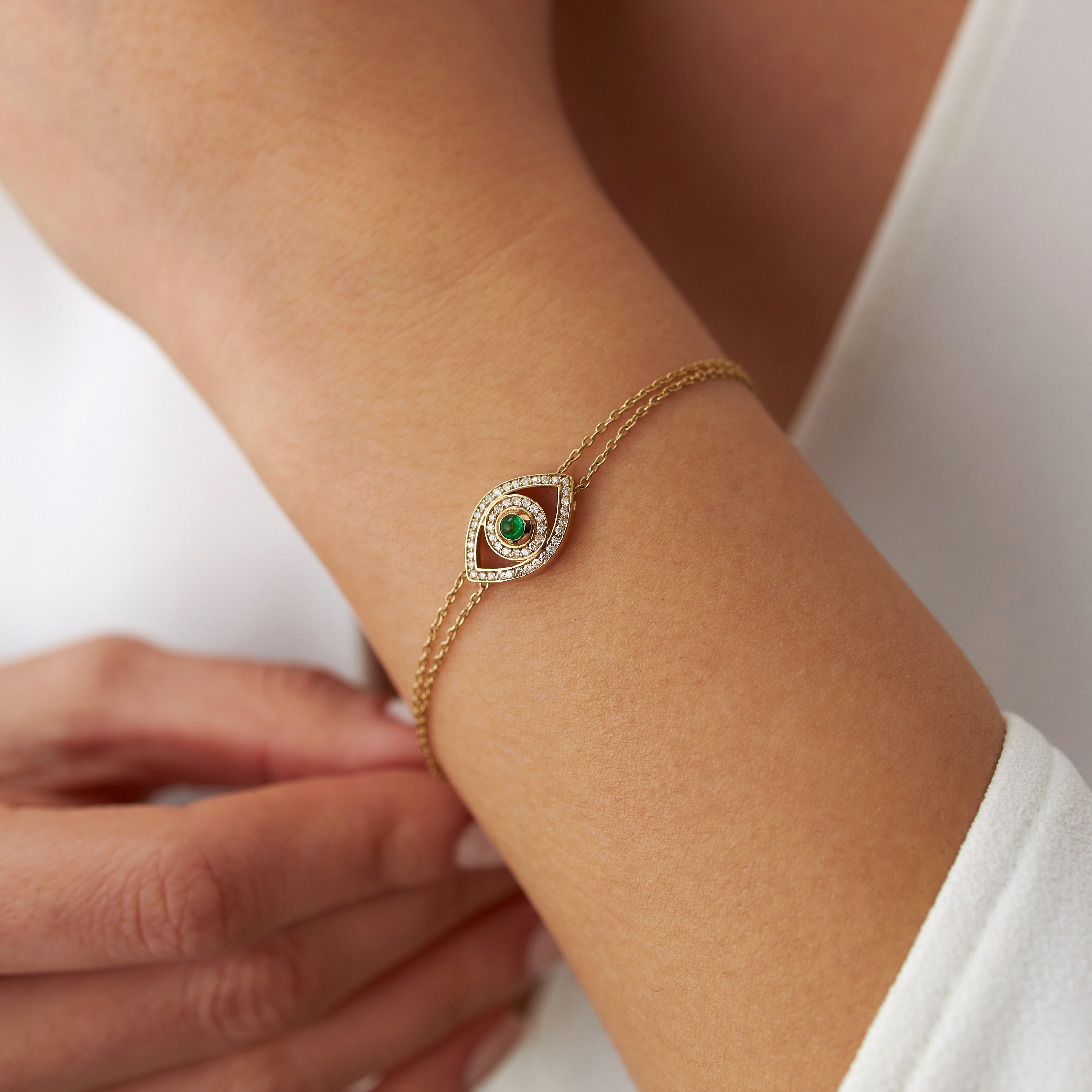 Emerald and Diamond Evil Eye Bracelet Available in 14K and 18K Gold