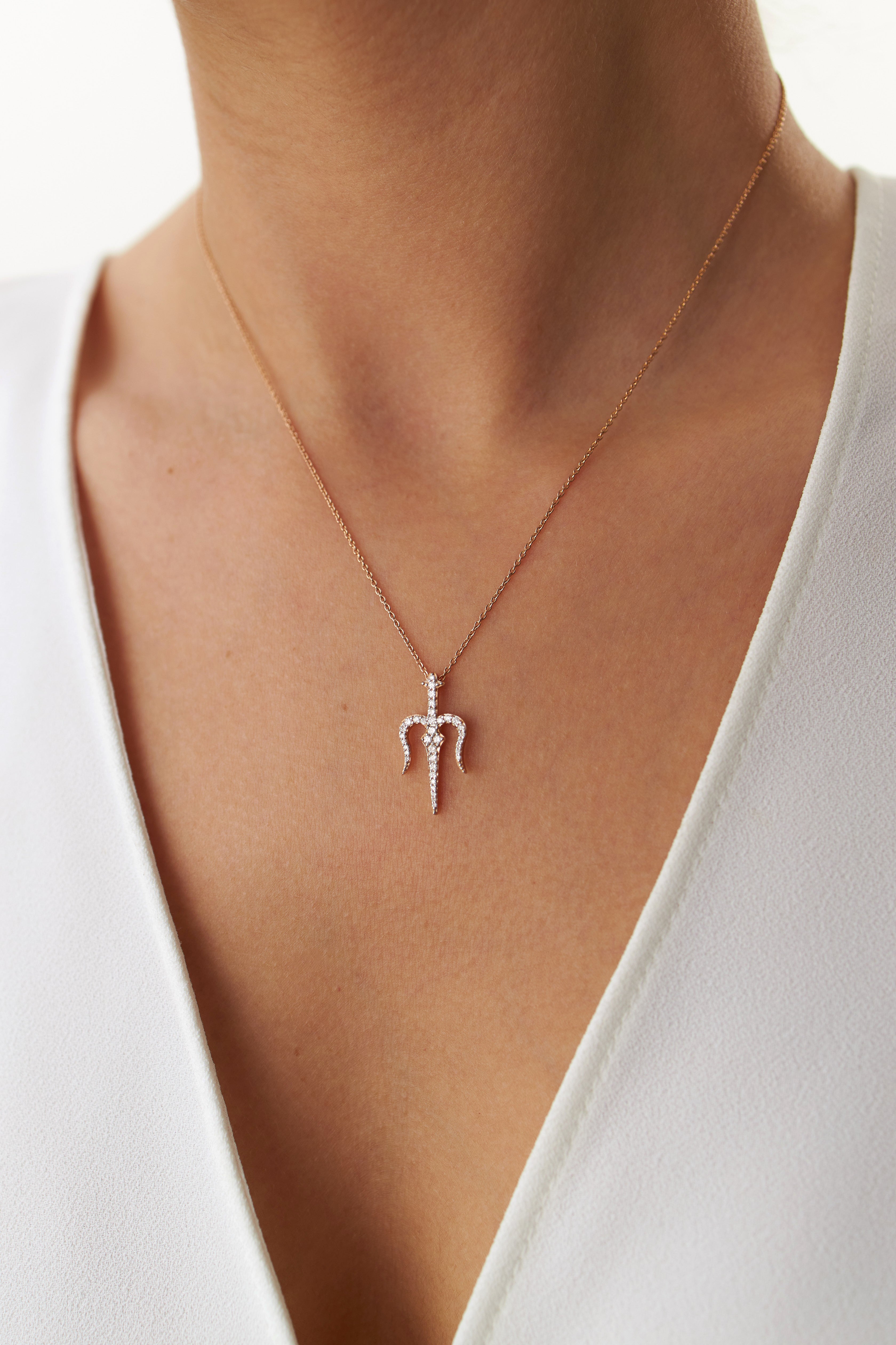 Diamond Trident Necklace Available in 14K and 18K Gold