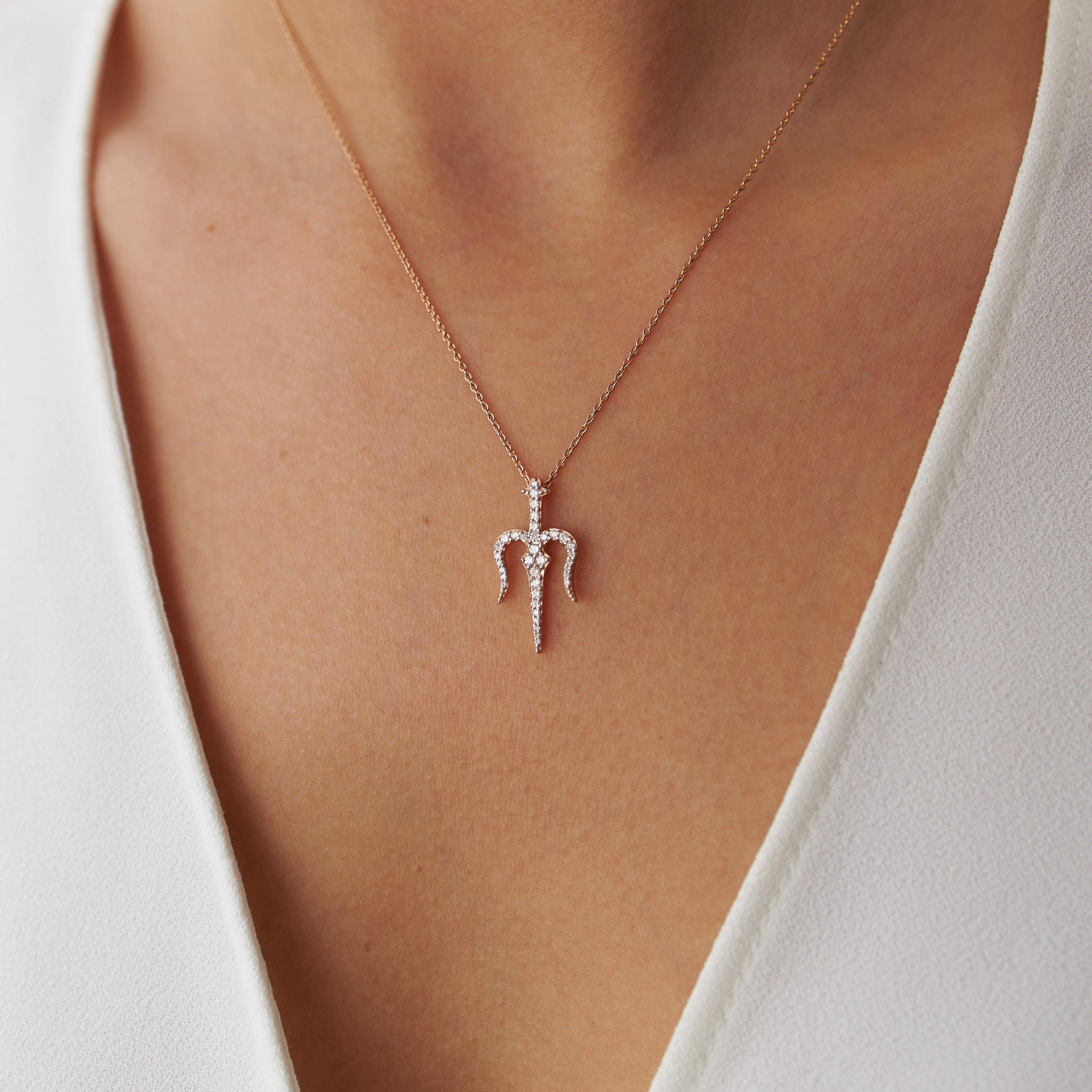 Diamond Trident Necklace Available in 14K and 18K Gold