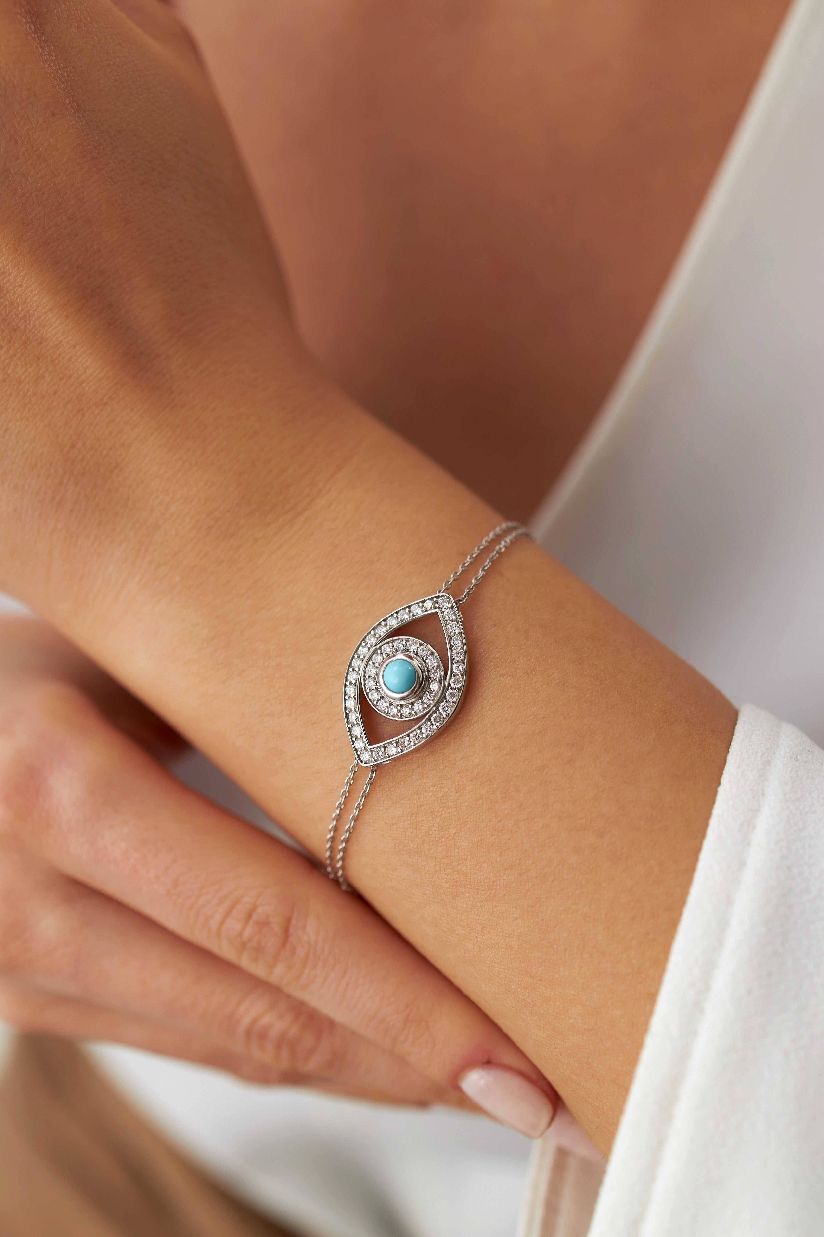 Turquoise and Diamond Evil Eye Bracelet Available in 14K and 18K Gold