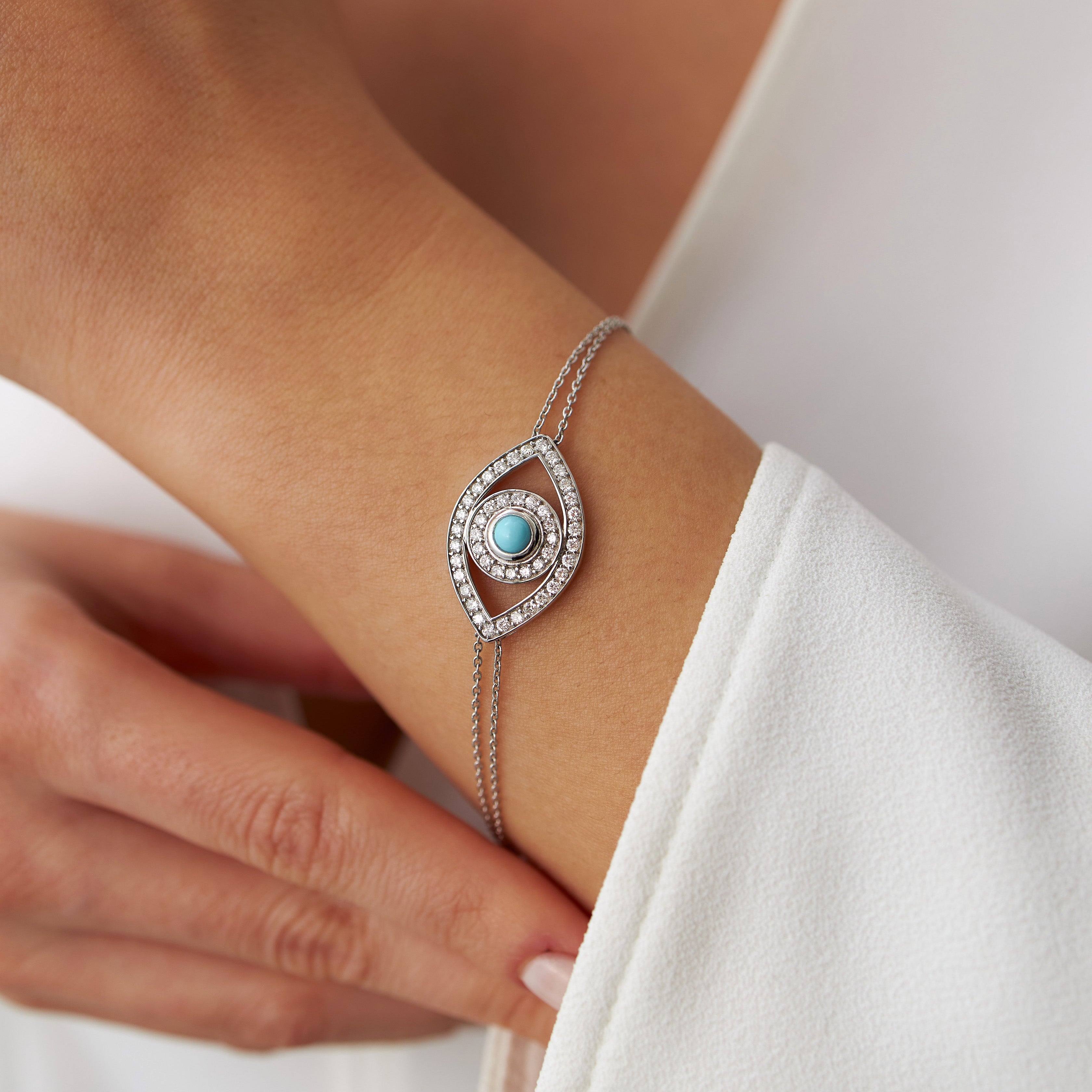 Turquoise and Diamond Evil Eye Bracelet Available in 14K and 18K Gold