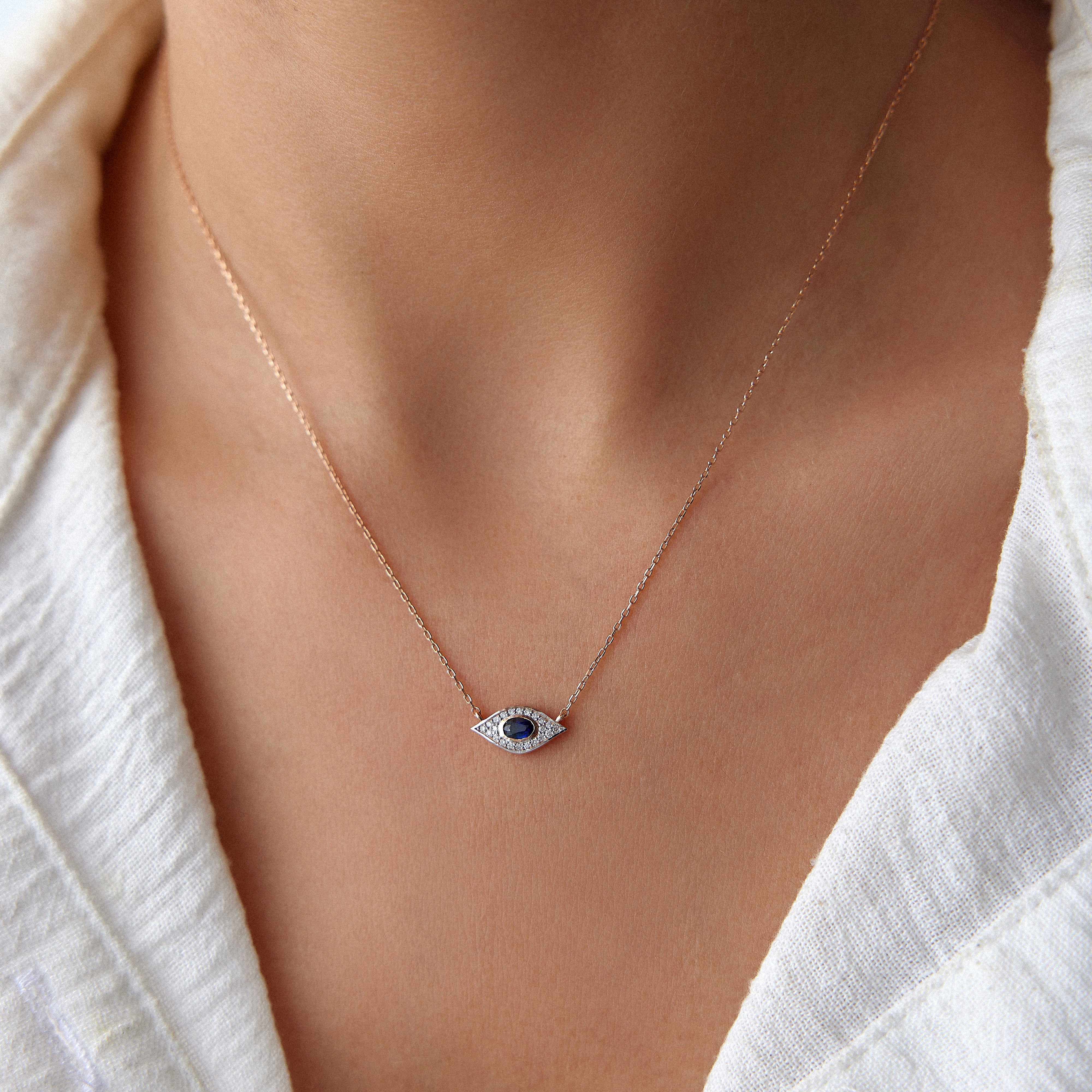 Blue Sapphire and Diamond Evil Eye Necklace Available in 14K and 18K Gold
