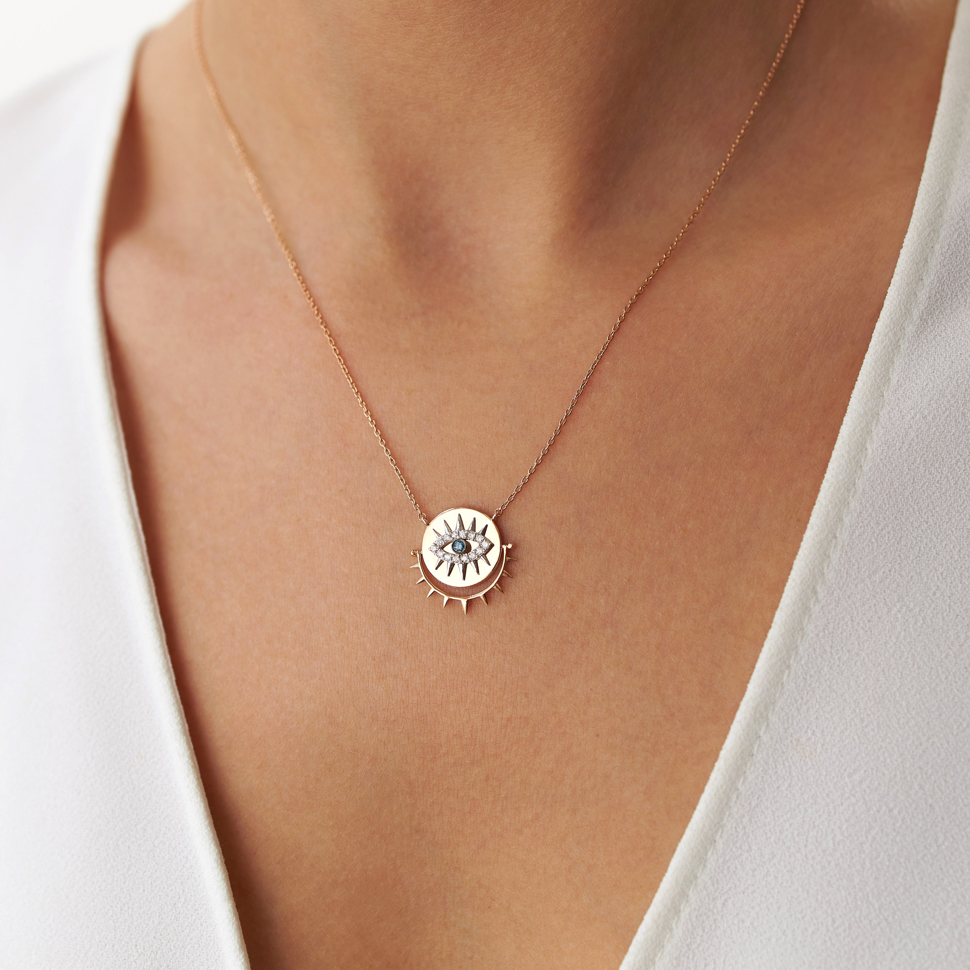Diamond Spiked Eye Necklace Available in 14K and 18K Gold