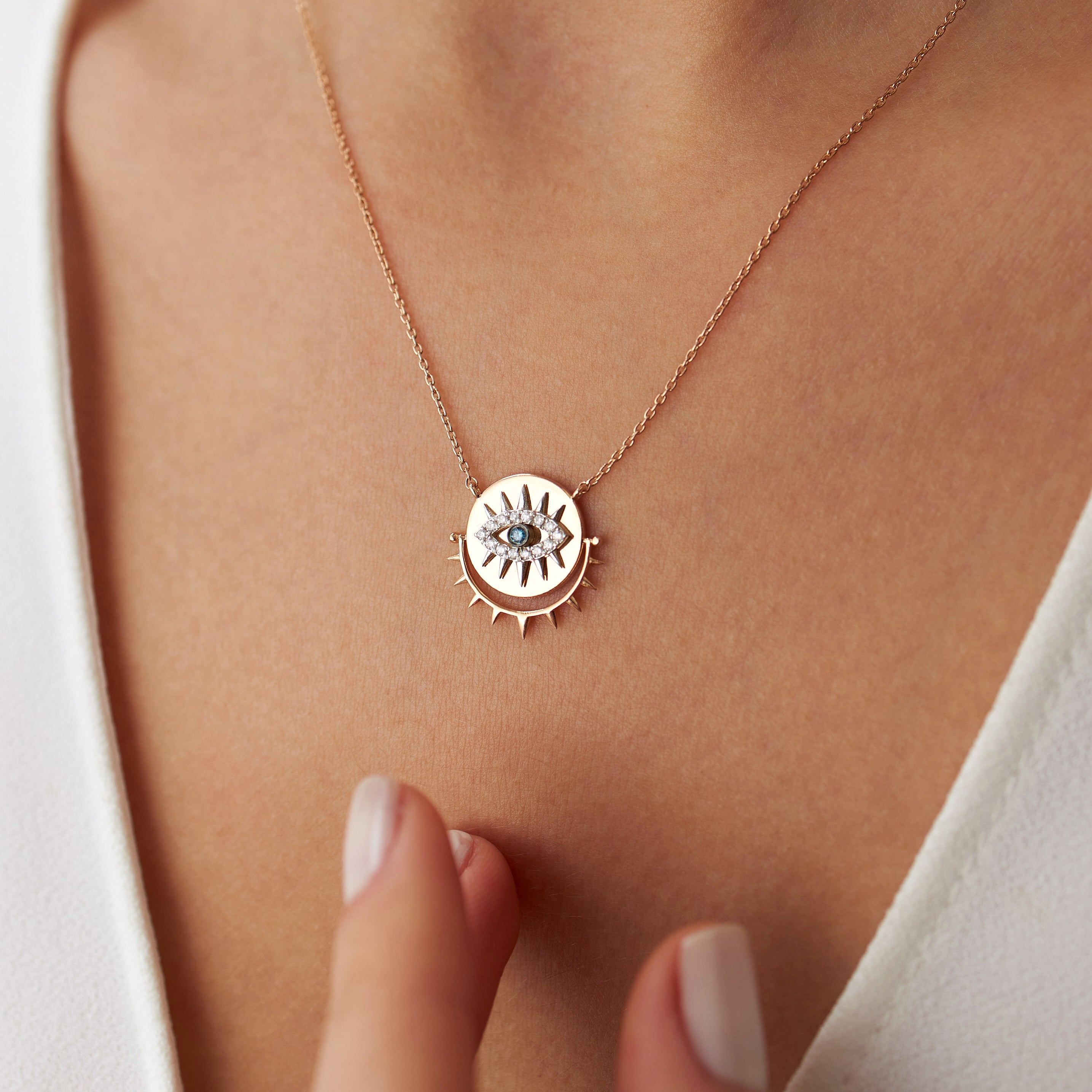Diamond Spiked Eye Necklace Available in 14K and 18K Gold