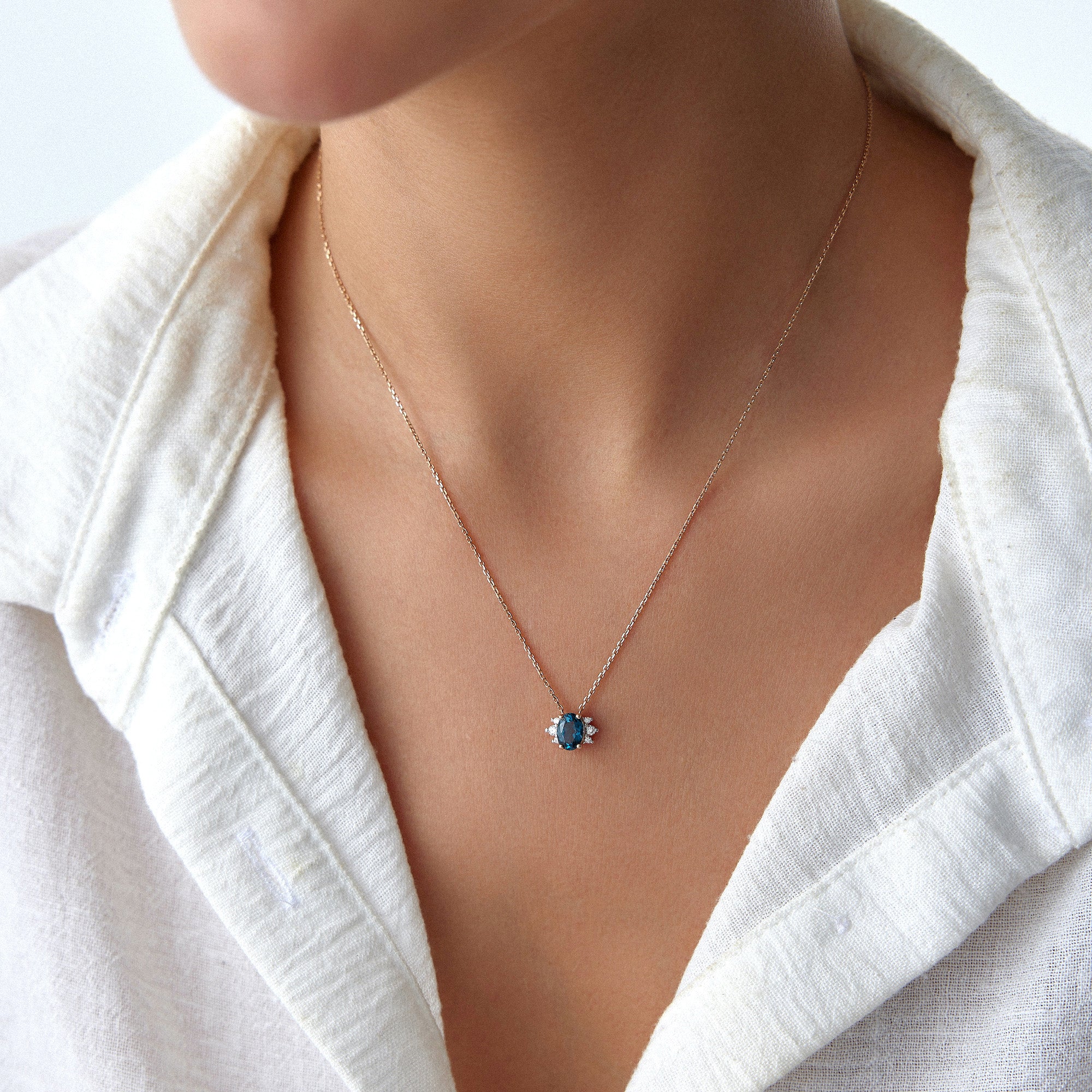 London Blue Topaz and Diamond Necklace in 14K Gold