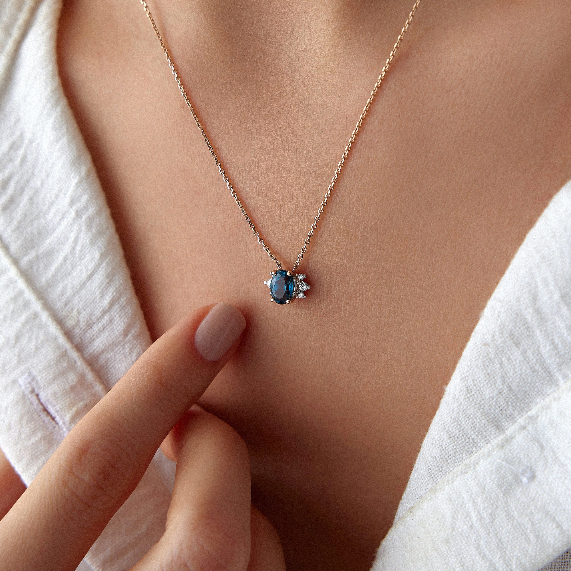 London Blue Topaz and Diamond Necklace in 14K Gold