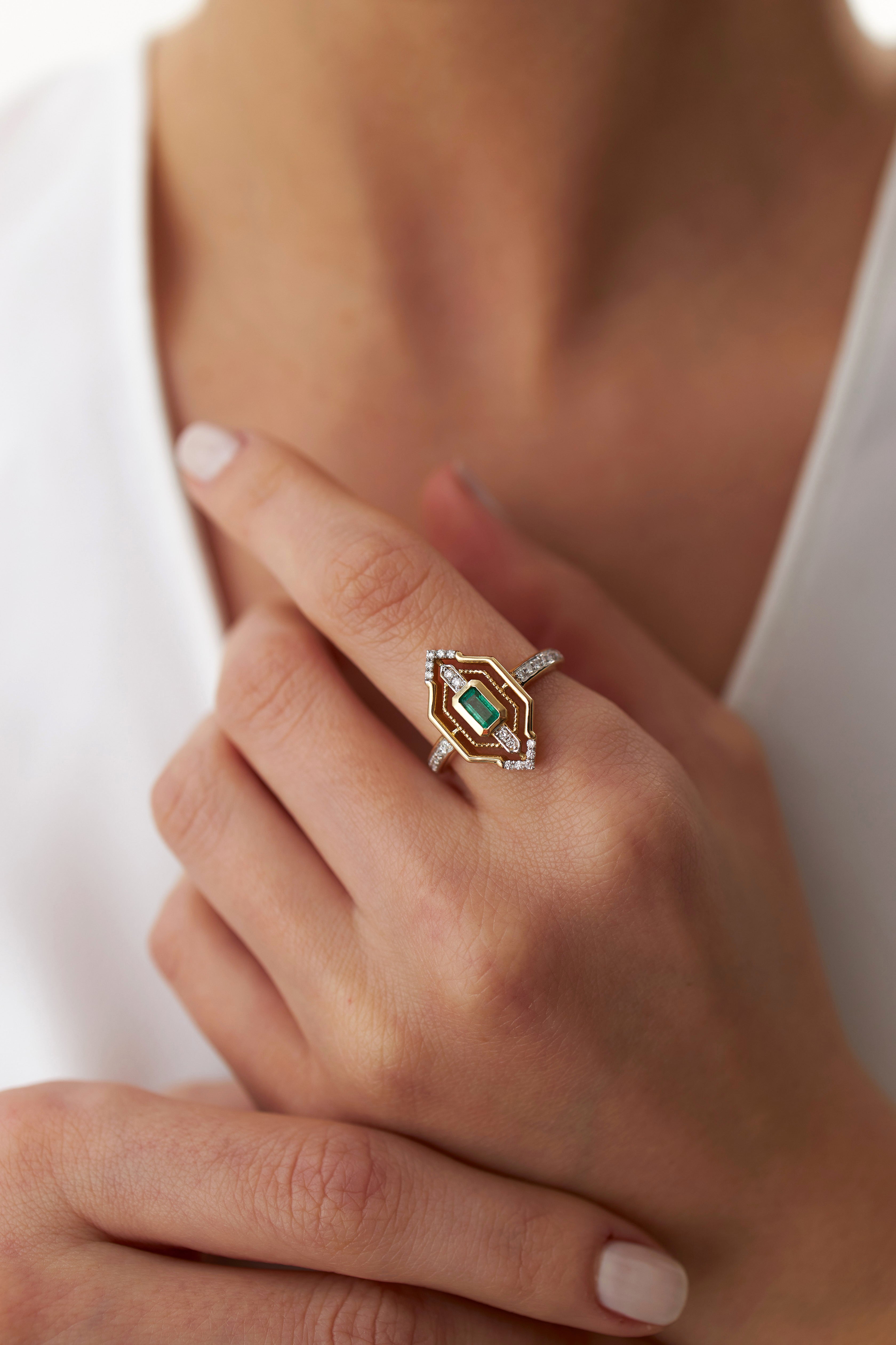 Emerald Cut Emerald and Diamond Ring in 14K Gold