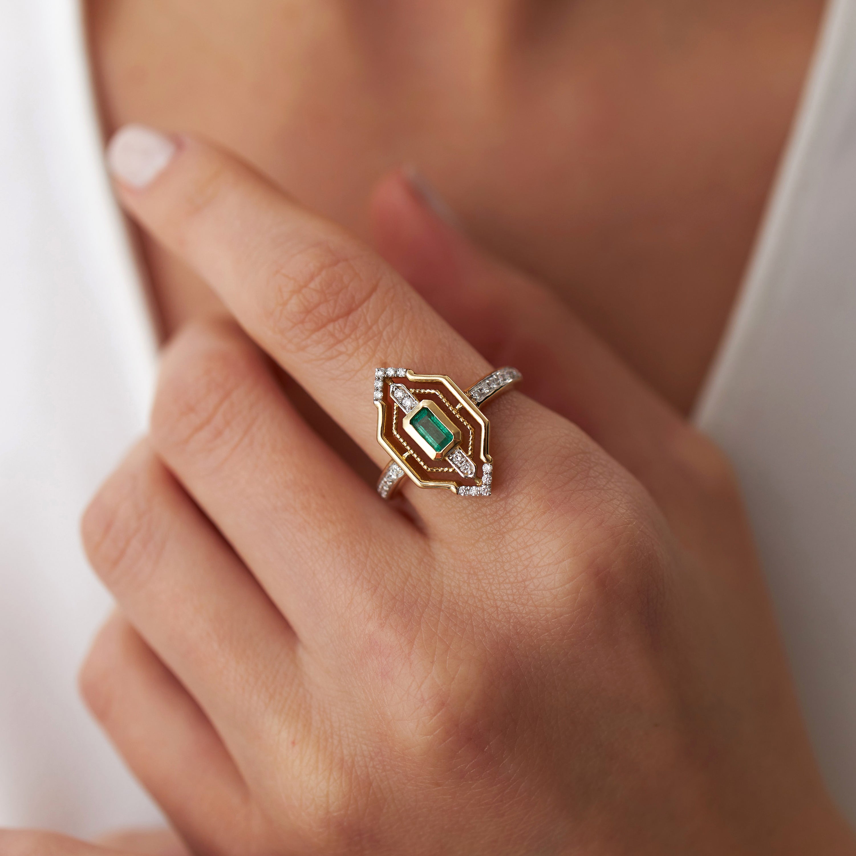 Emerald Cut Emerald and Diamond Ring in 14K Gold