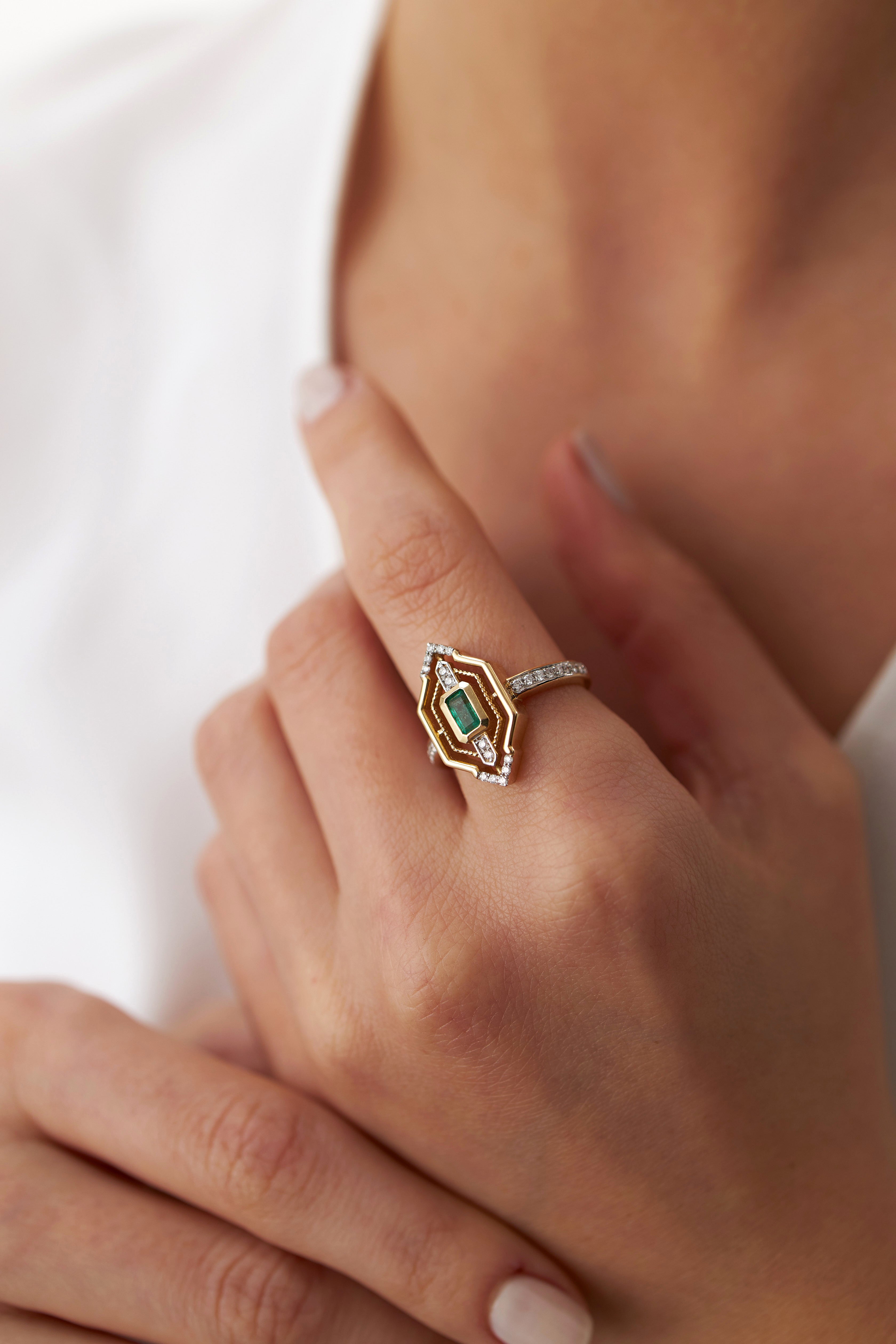 Emerald Cut Emerald and Diamond Ring in 14K Gold