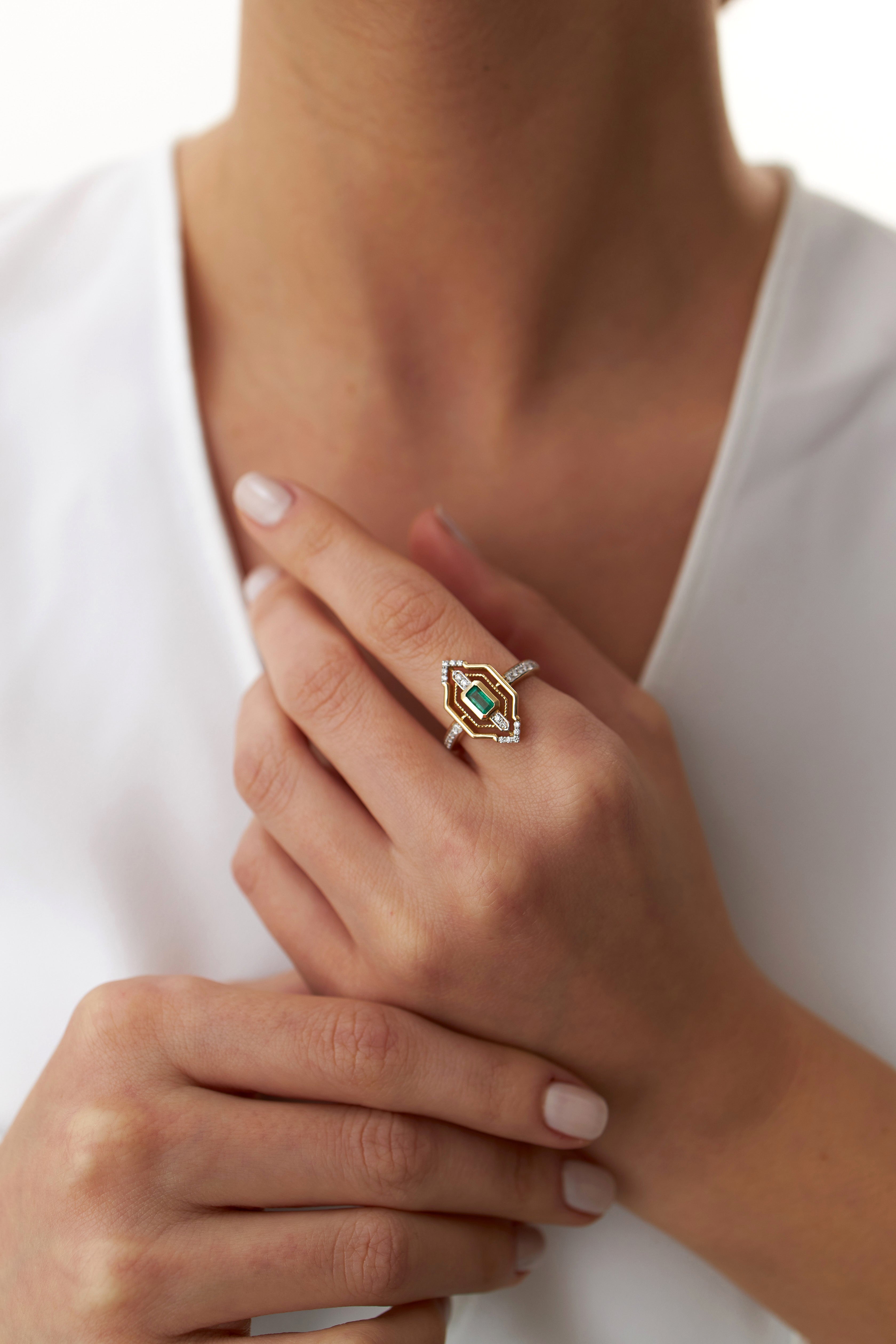 Emerald Cut Emerald and Diamond Ring in 14K Gold