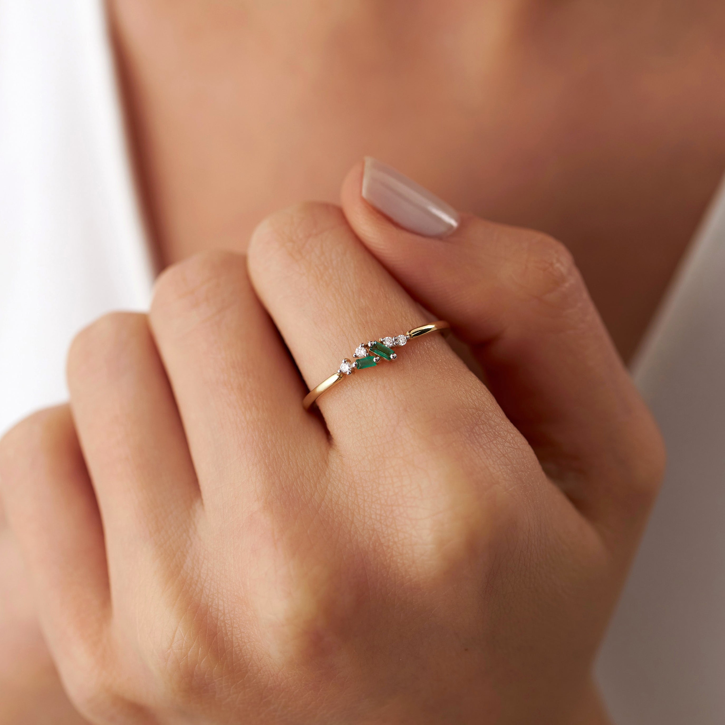 Dainty Diamond and Emerald Ring in 14K Gold