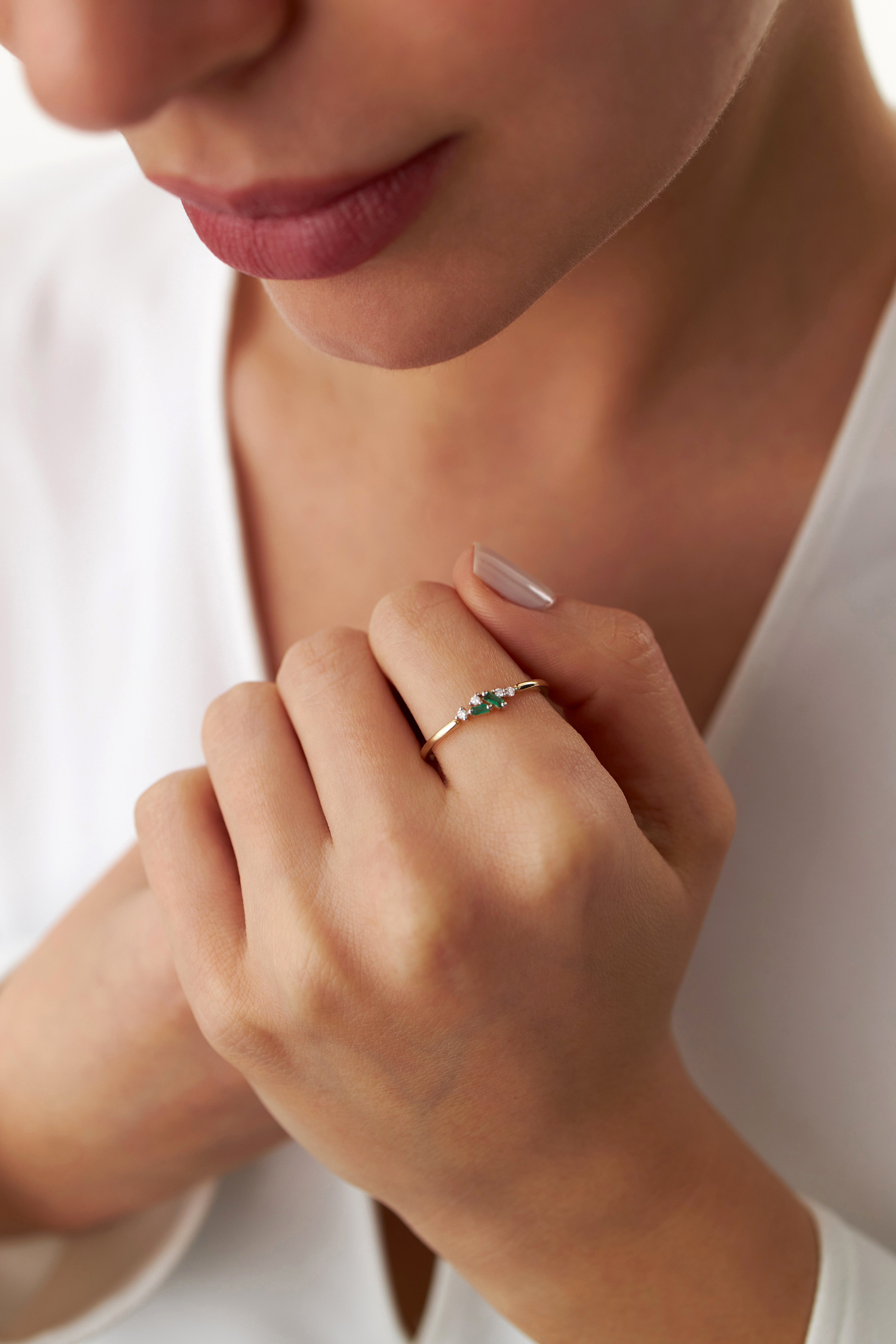 Dainty Diamond and Emerald Ring in 14K Gold