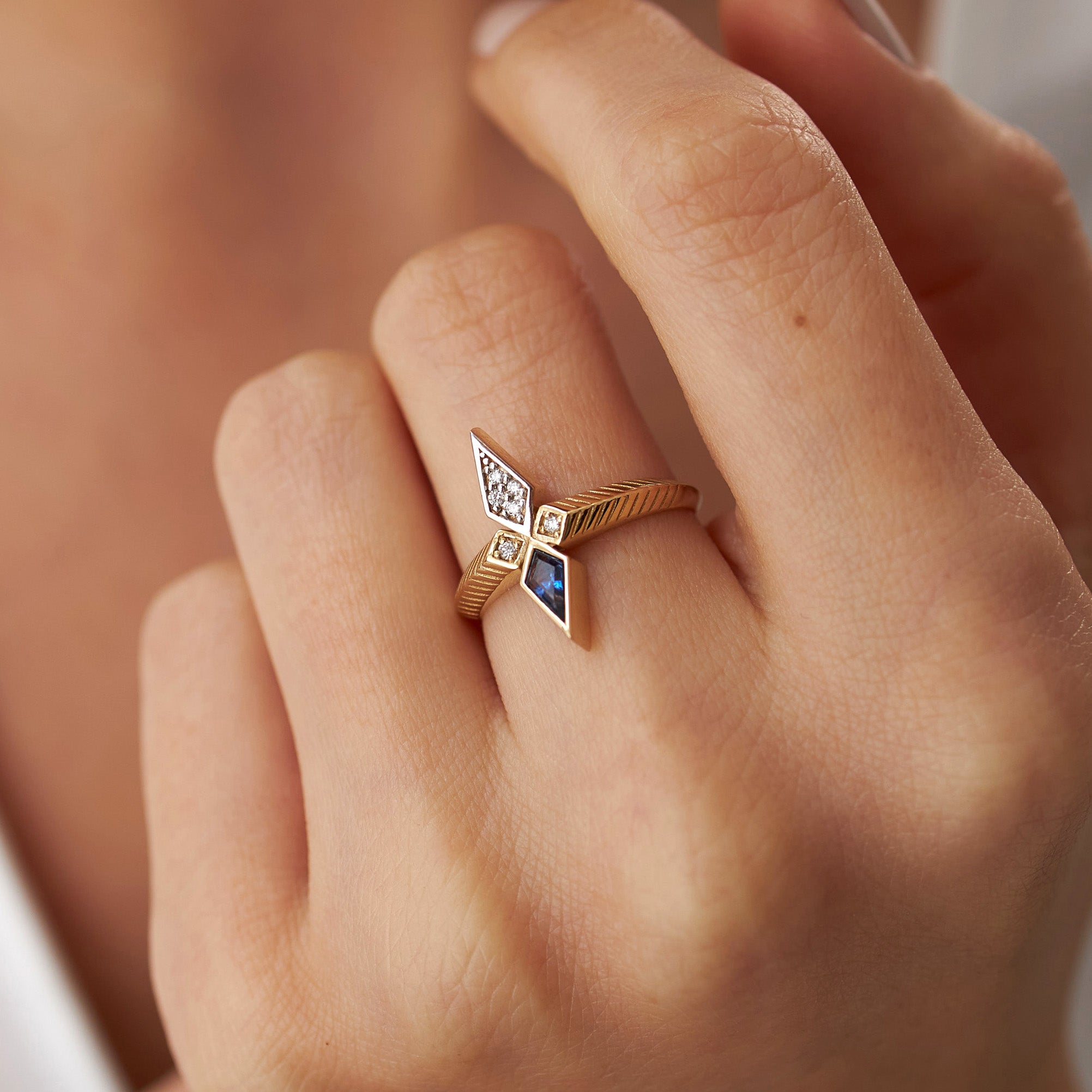 Kite Cut Sapphire and Diamond Ring in 14K Gold