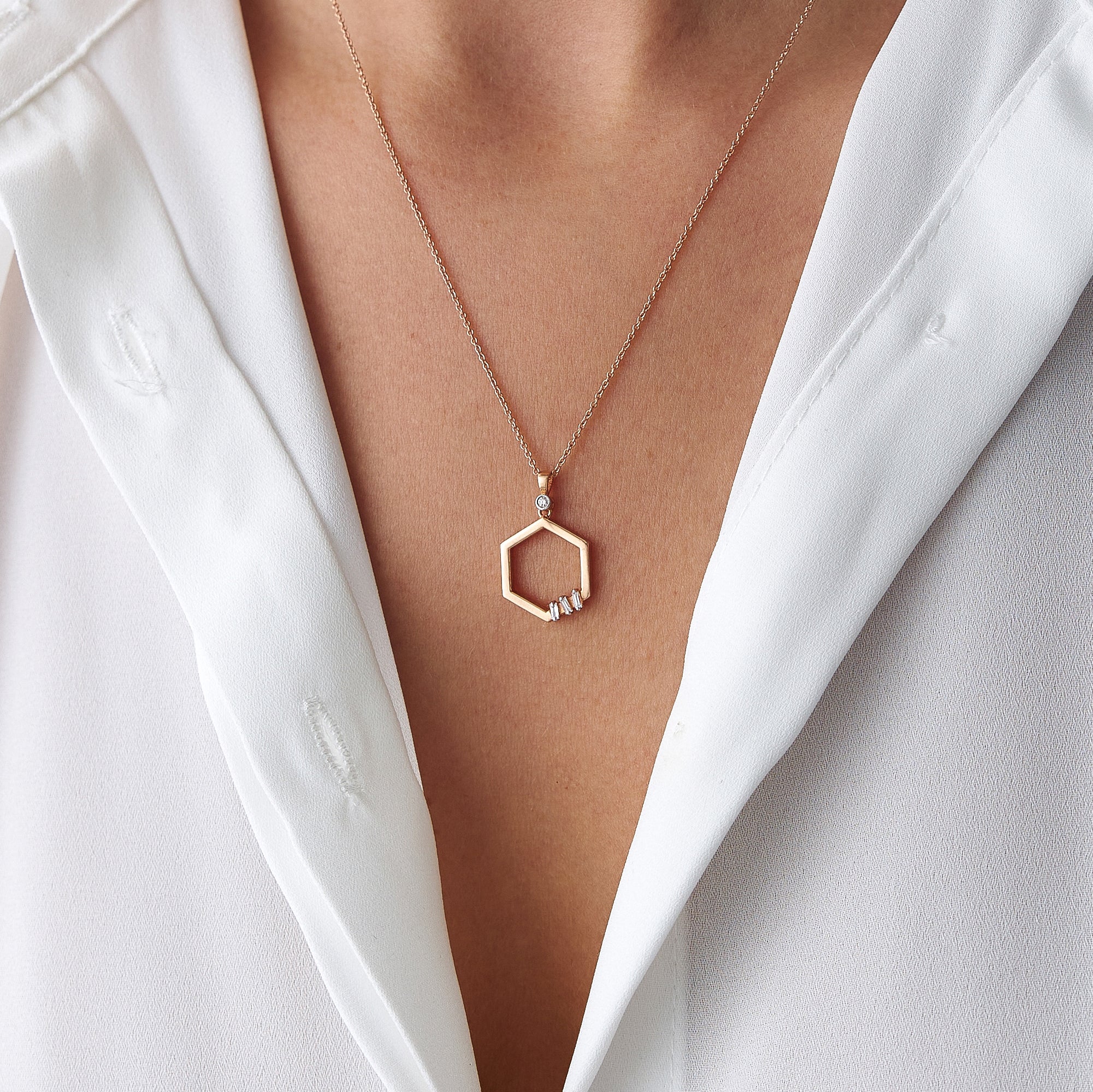 Diamond Hexagon Necklace Available in 14K and 18K Gold