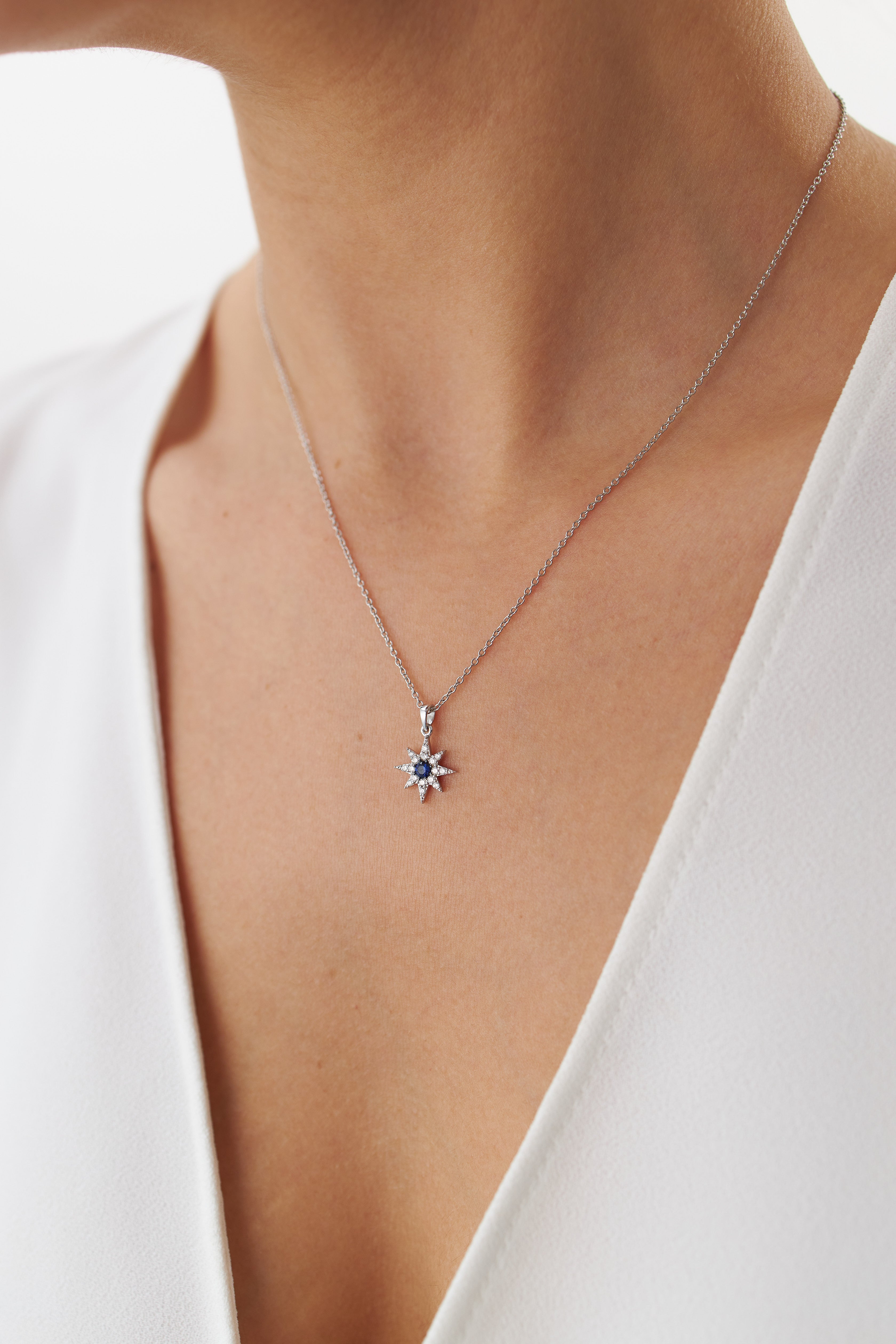 Dainty Blue Sapphire and Diamond North Star Necklace Available in 14K and 18K Gold