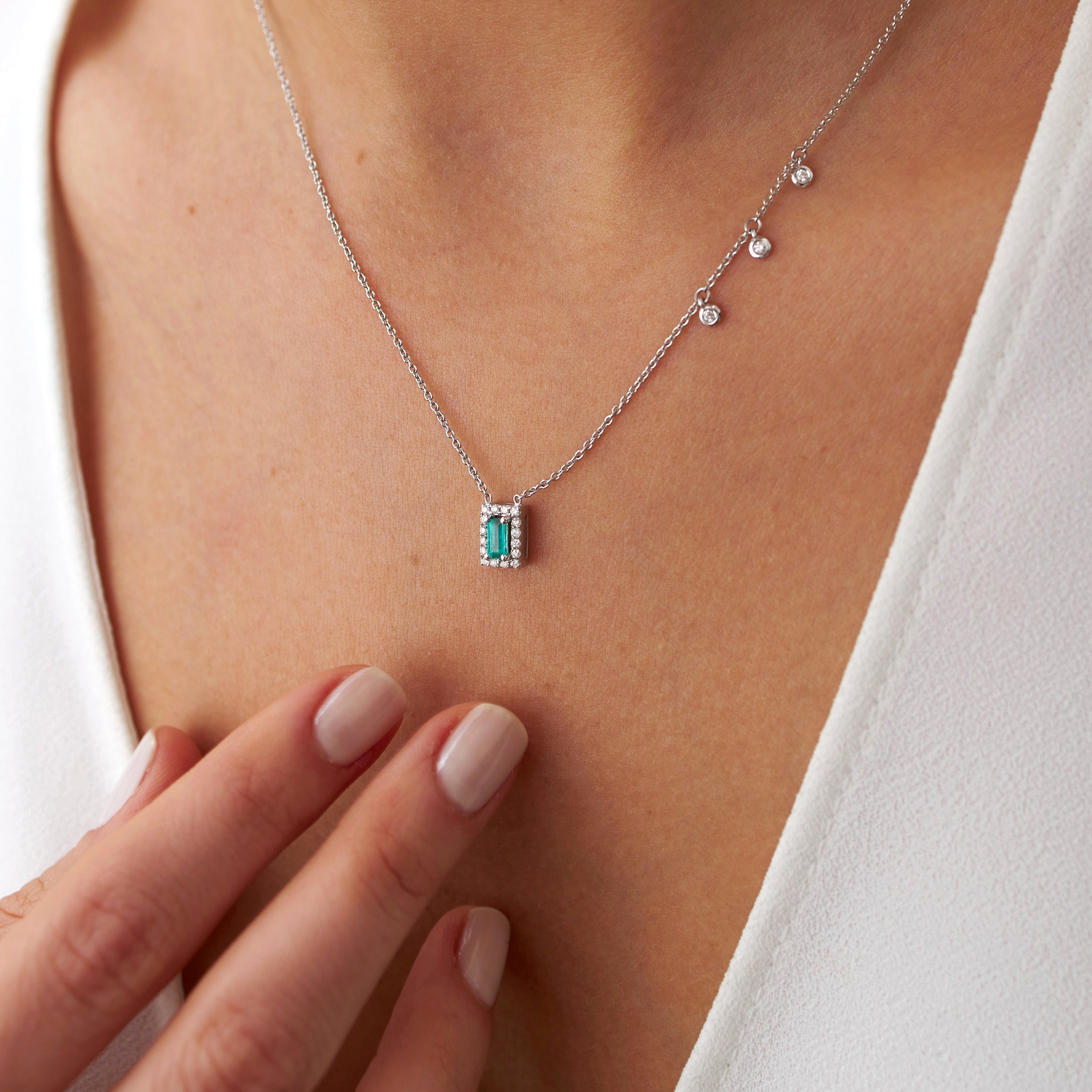 Asymmetric Emerald and Diamond Necklace Available in 14K and 18K Gold