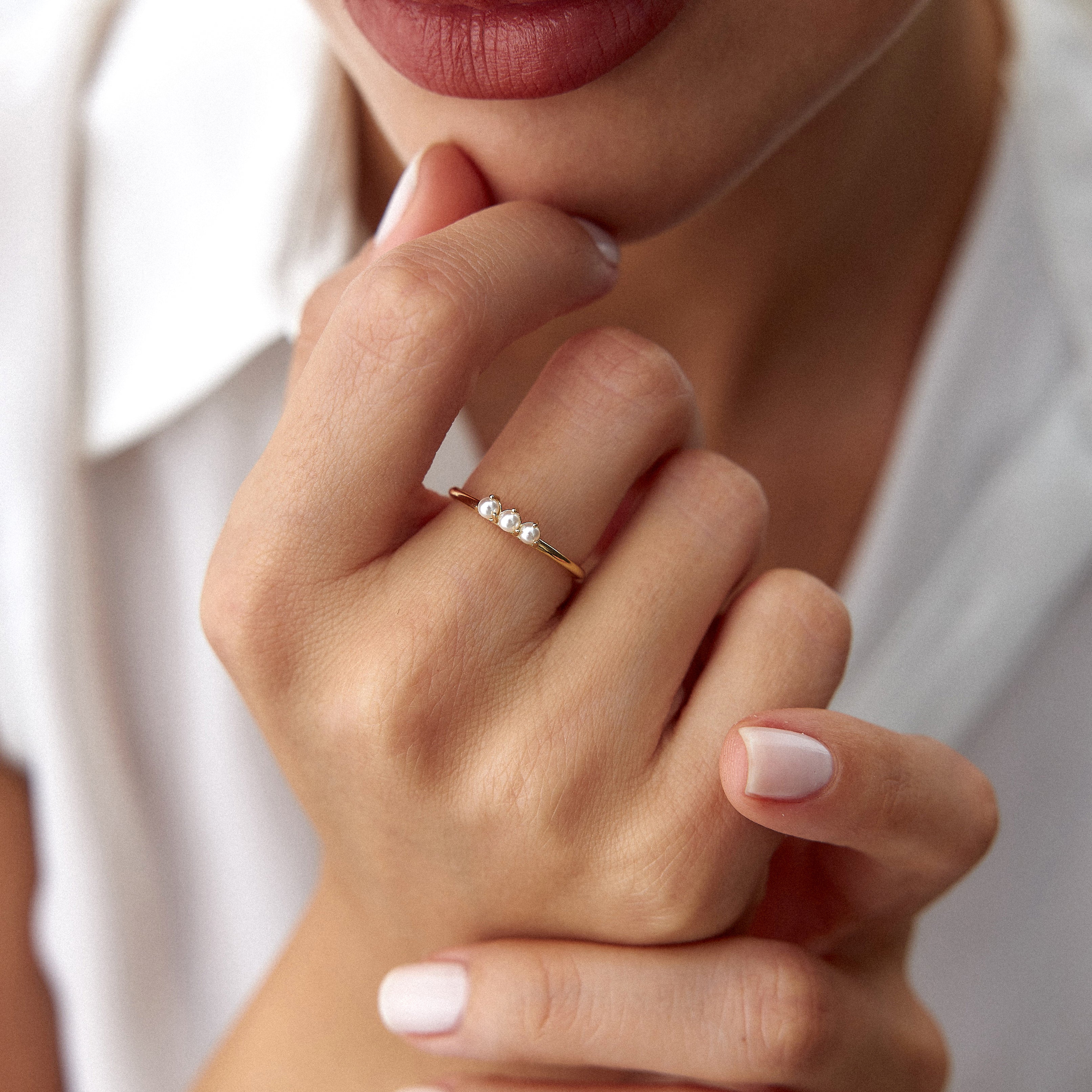 Dainty Trio Pearl Ring in 14K Gold