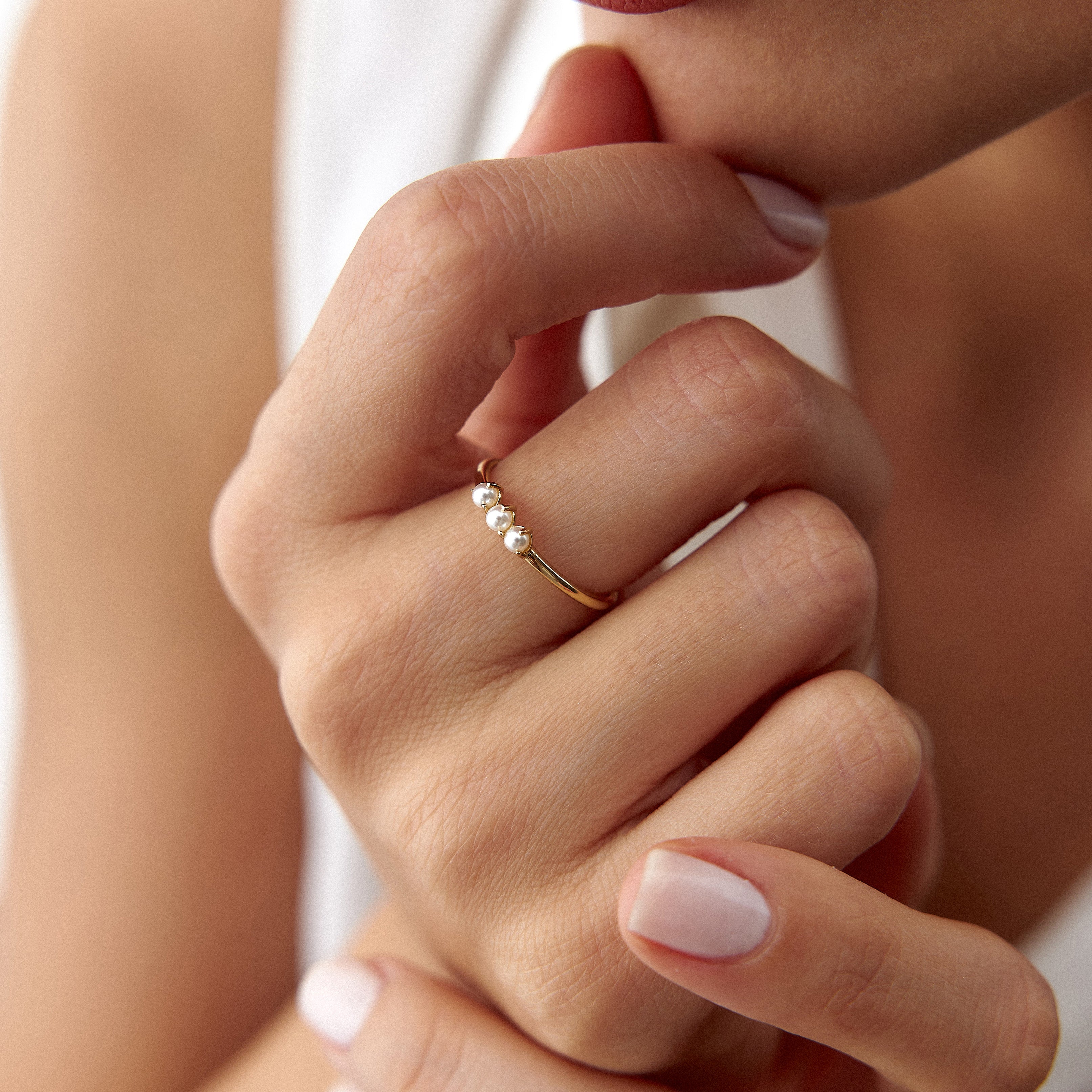 Dainty Trio Pearl Ring in 14K Gold