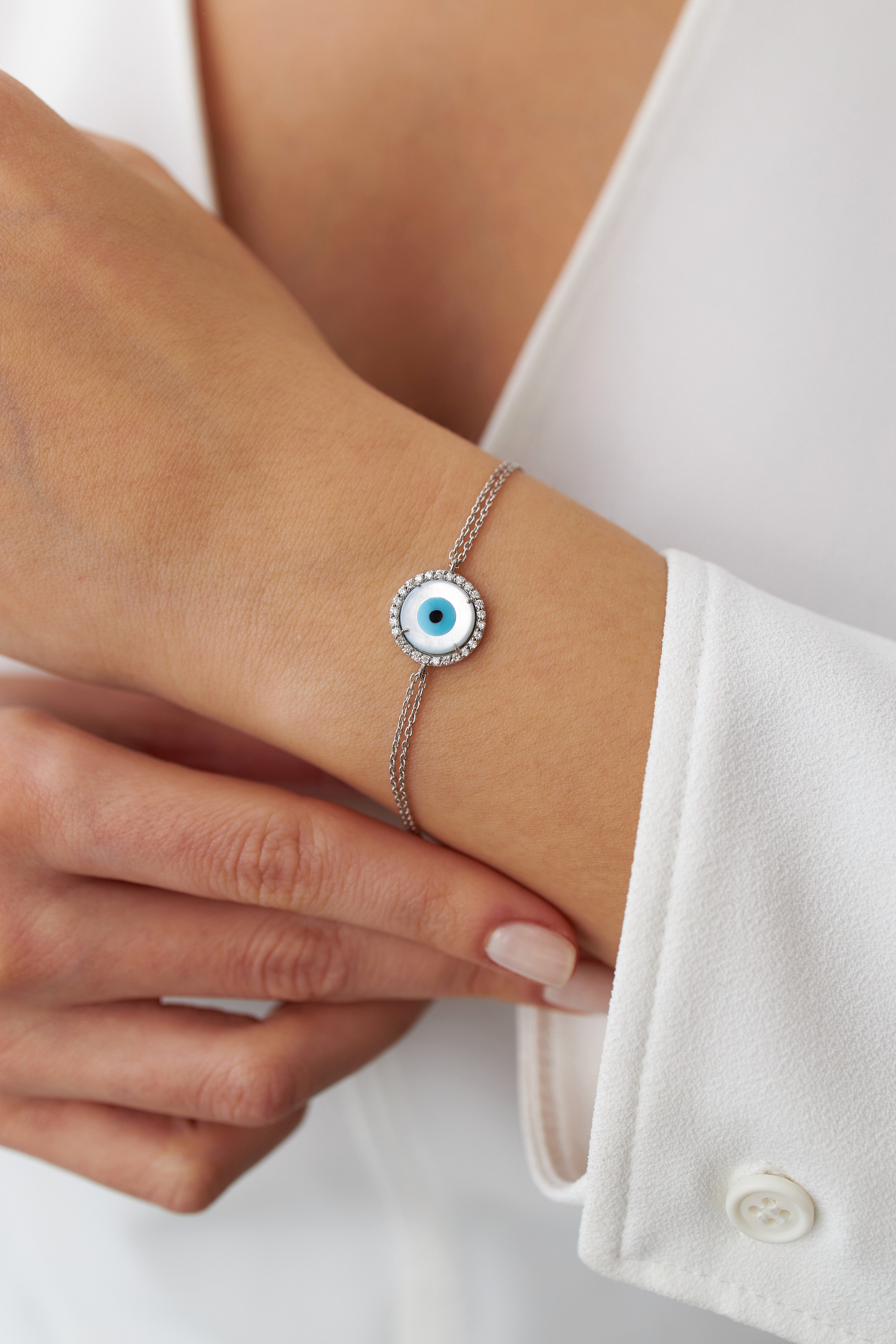 Diamond and Mother of Pearl Evil Eye Bracelet Available in 14K and 18K Gold