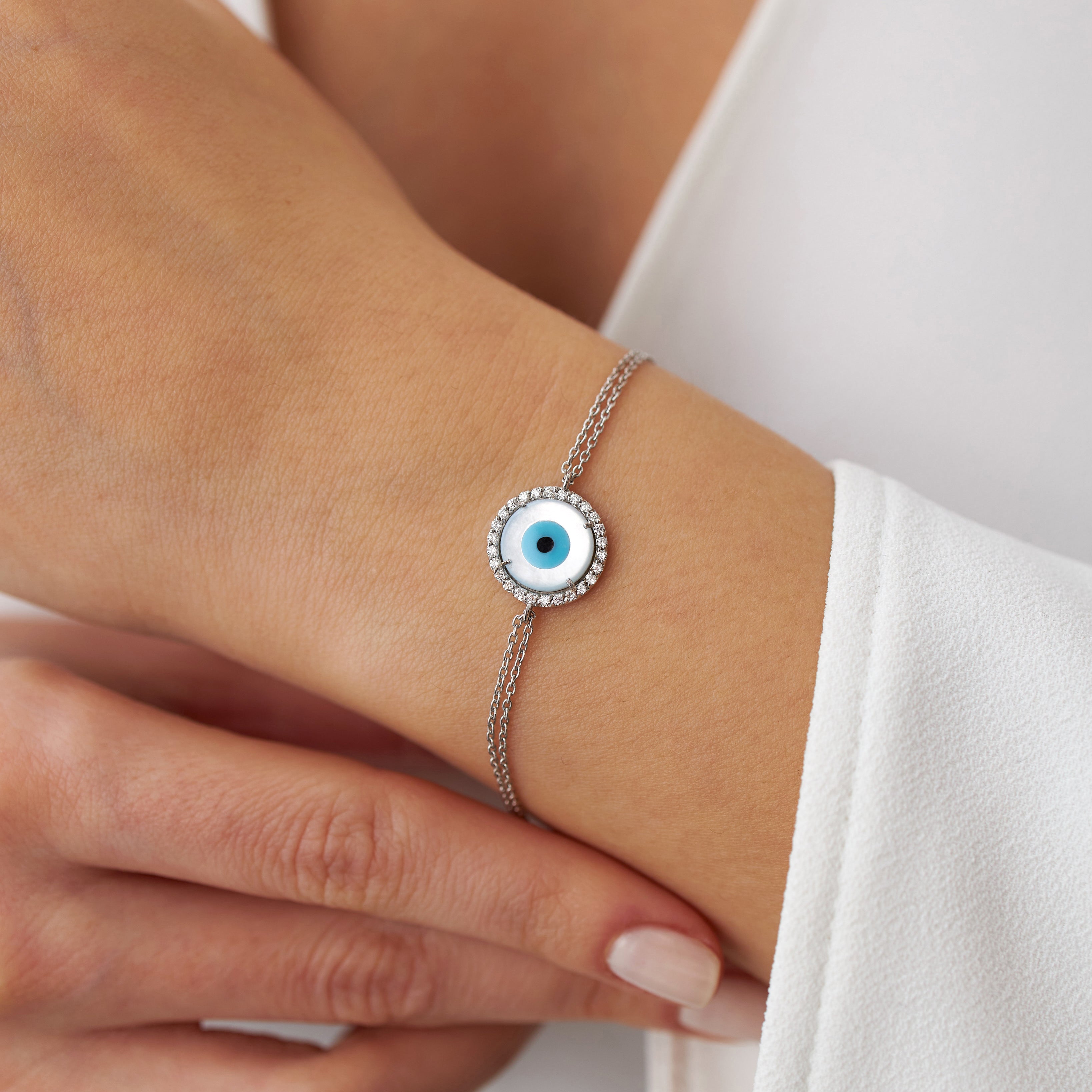 Diamond and Mother of Pearl Evil Eye Bracelet Available in 14K and 18K Gold