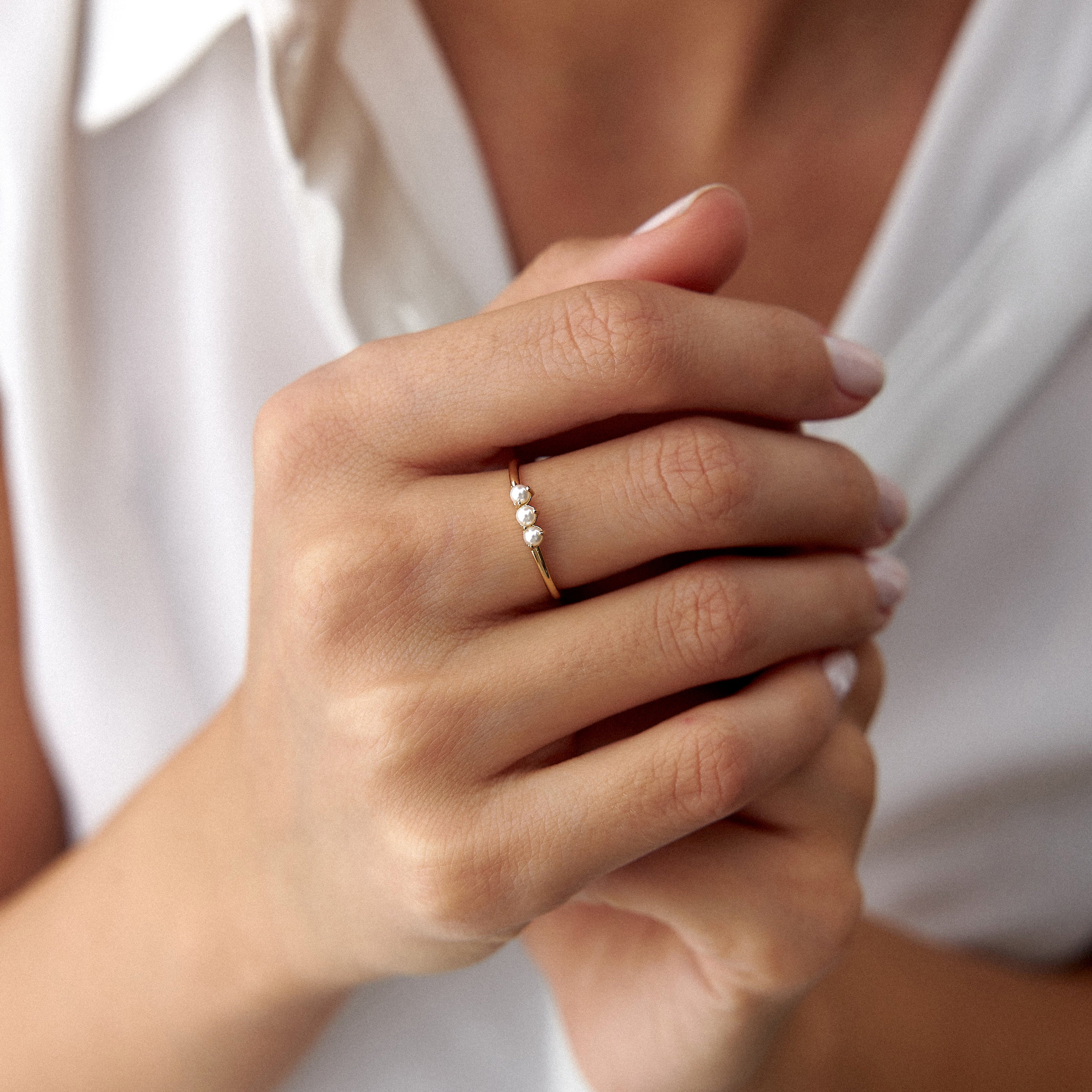 Dainty Trio Pearl Ring in 14K Gold