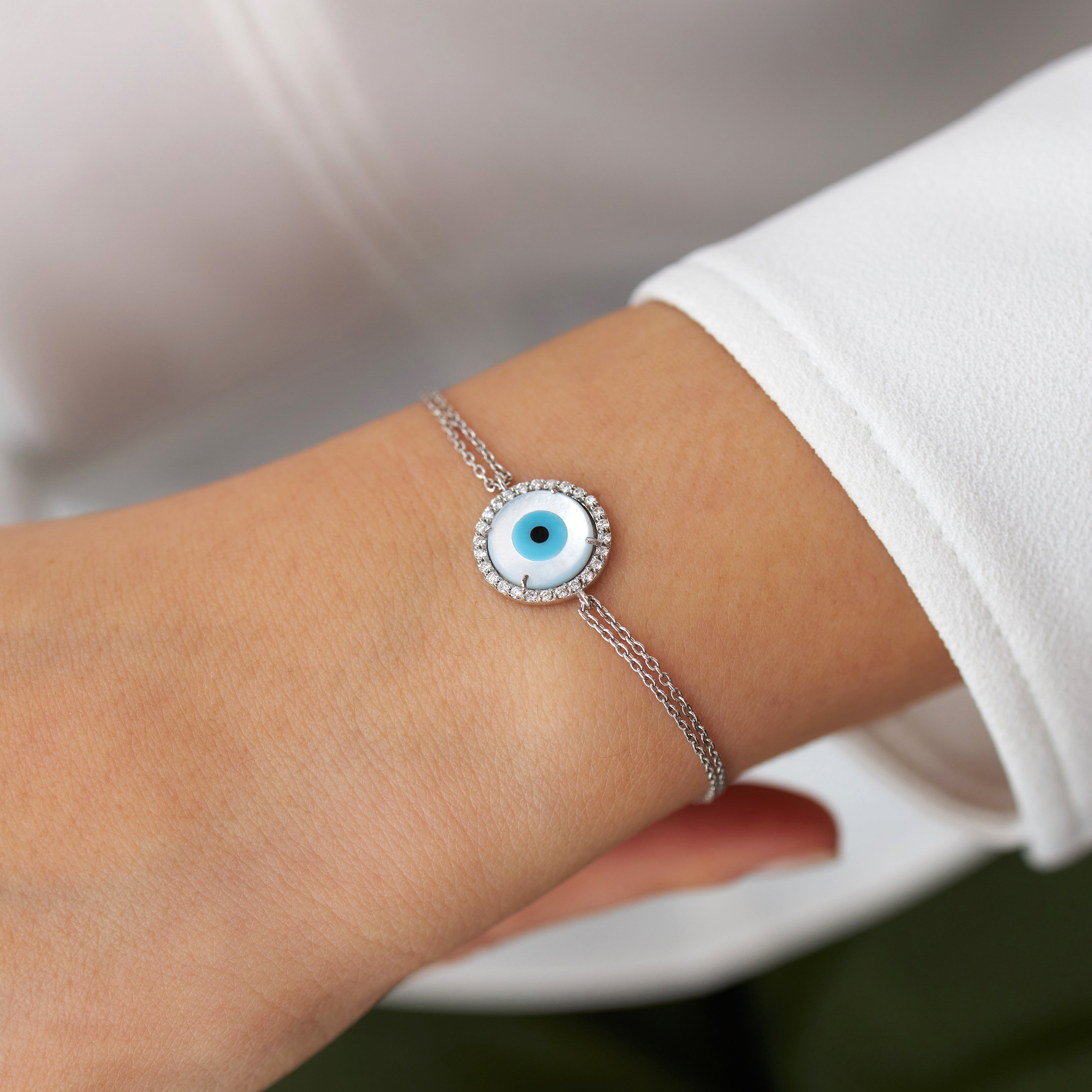Diamond and Mother of Pearl Evil Eye Bracelet Available in 14K and 18K Gold