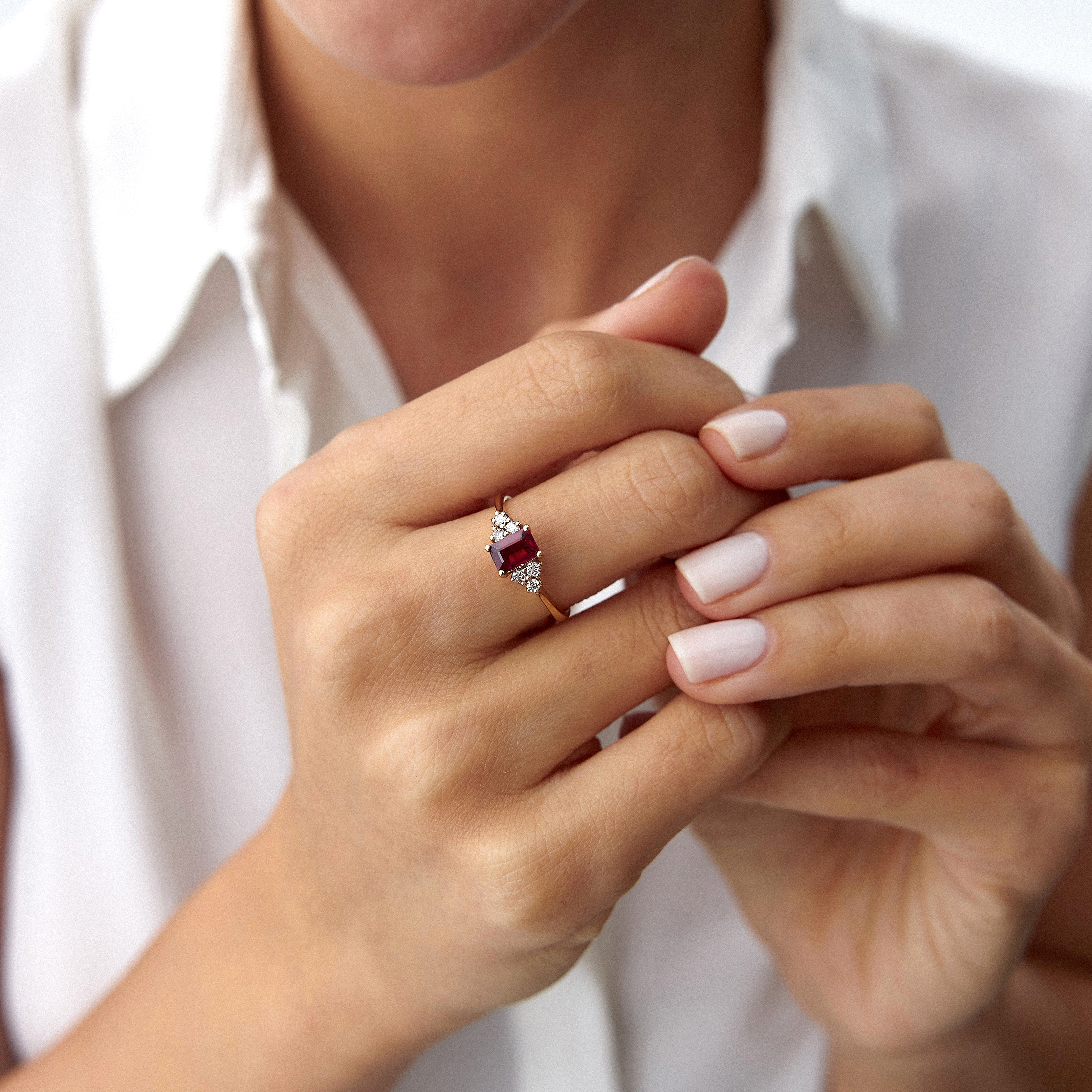 Natural Emerald Cut Ruby and Diamond Ring in 14K Gold