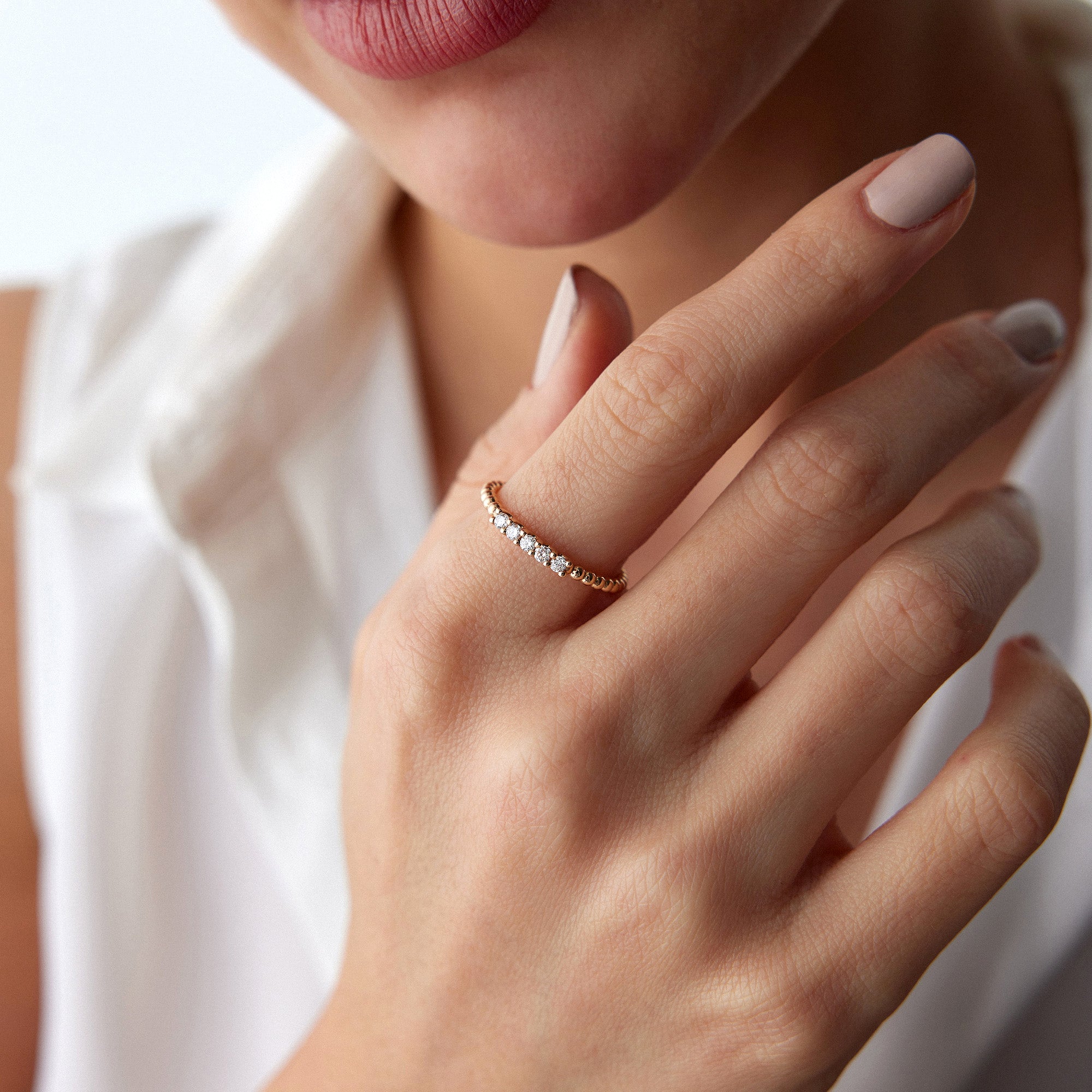 5 Diamond Beaded Stacking Ring in 14K Gold