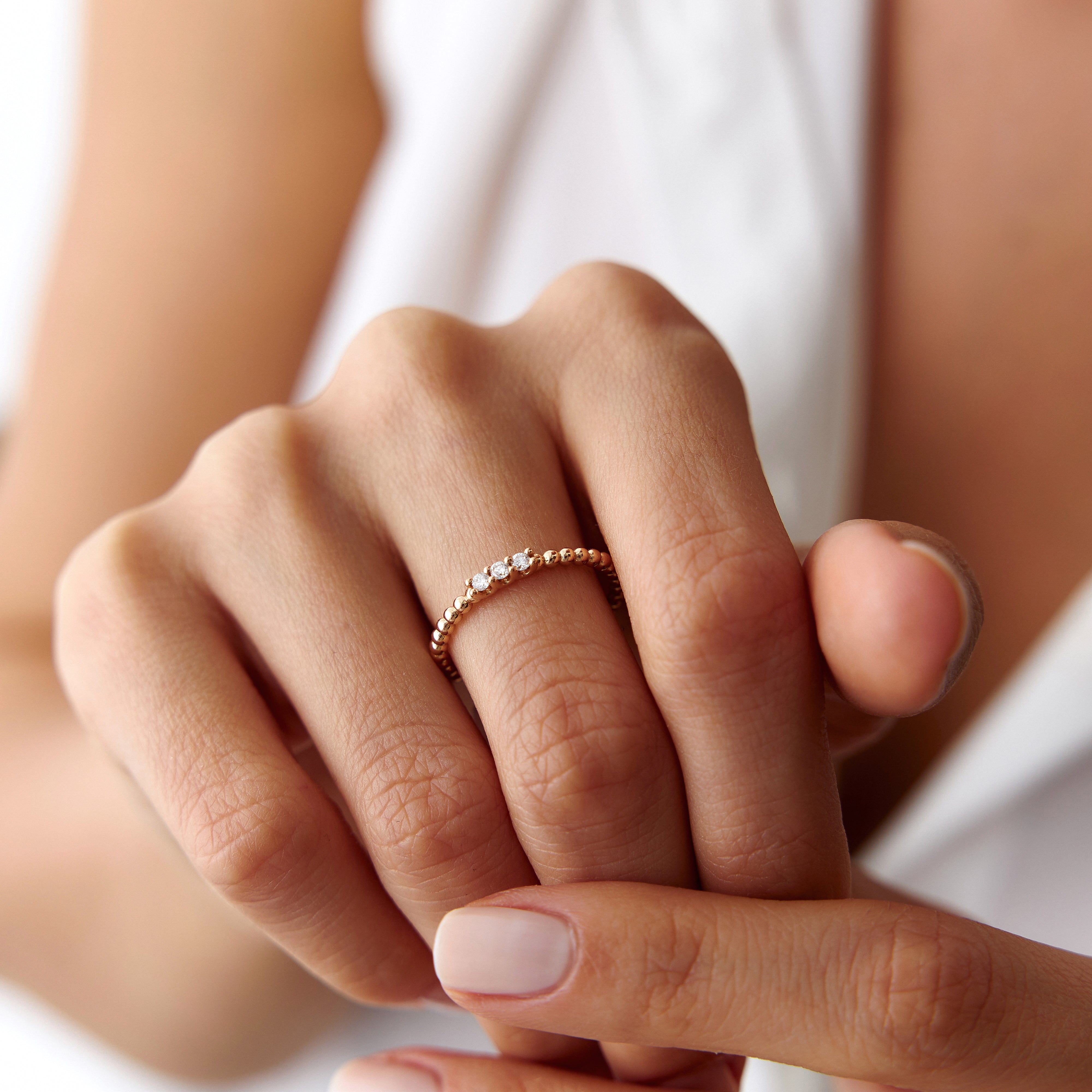 3 Diamond Beaded Stacking Ring in 14K Gold