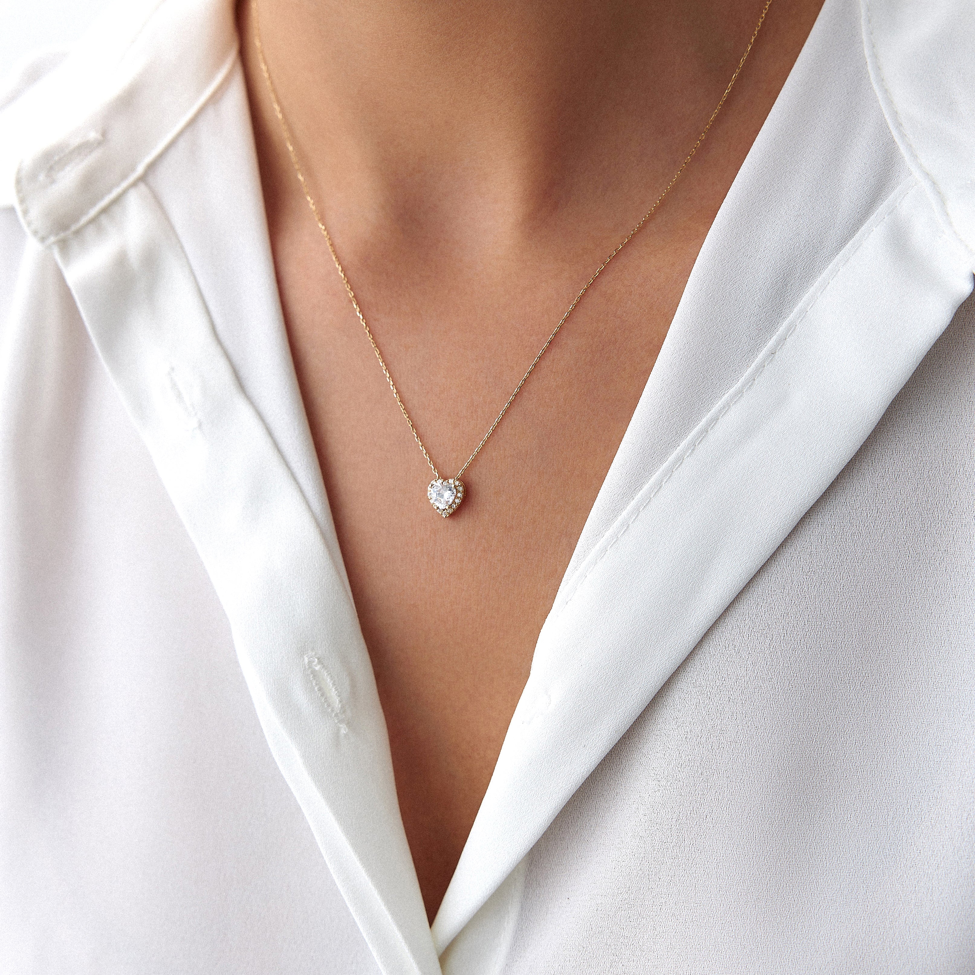 Halo Heart Cut Gemstone Necklace in 14K Gold