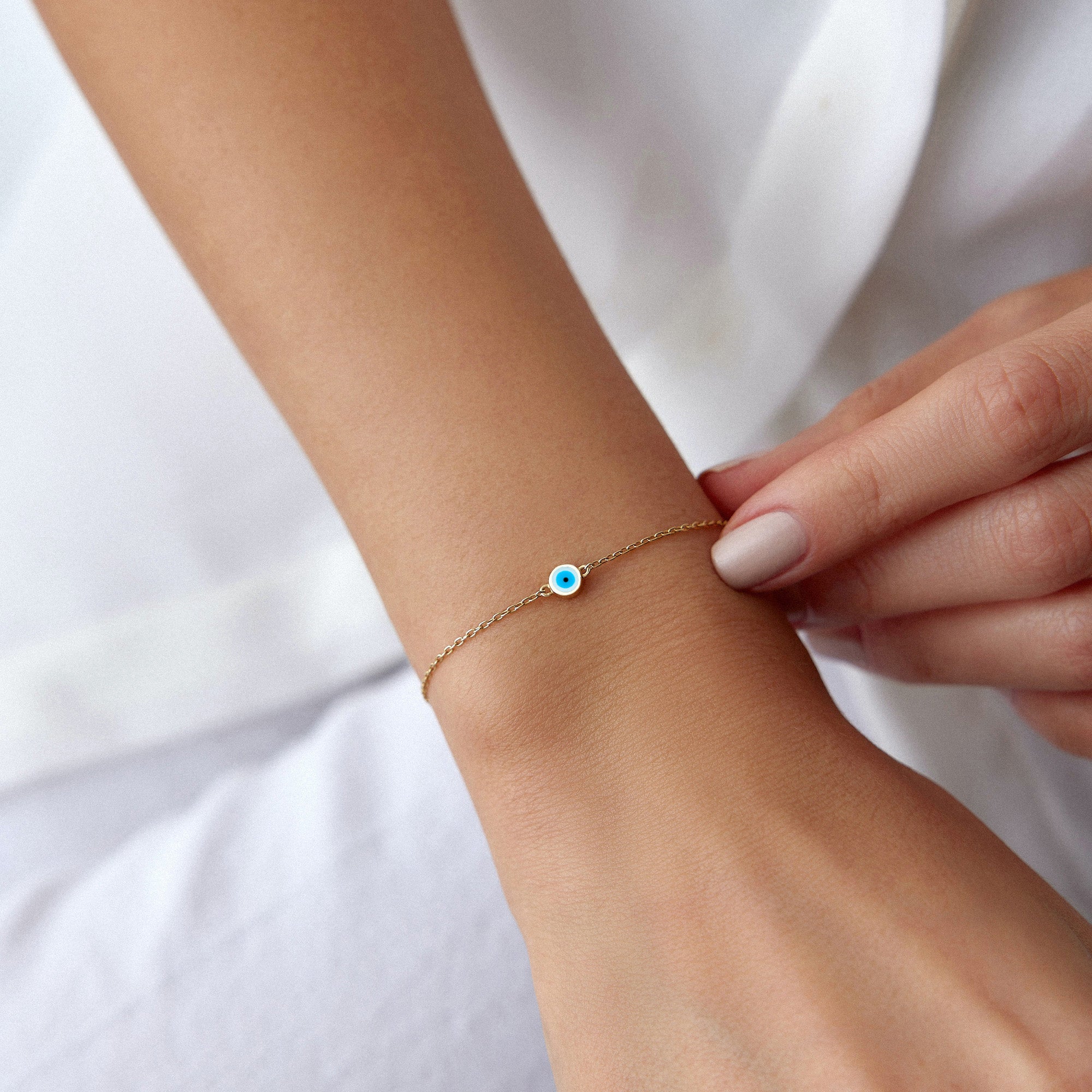 White Evil Eye Bracelet in 14K Gold