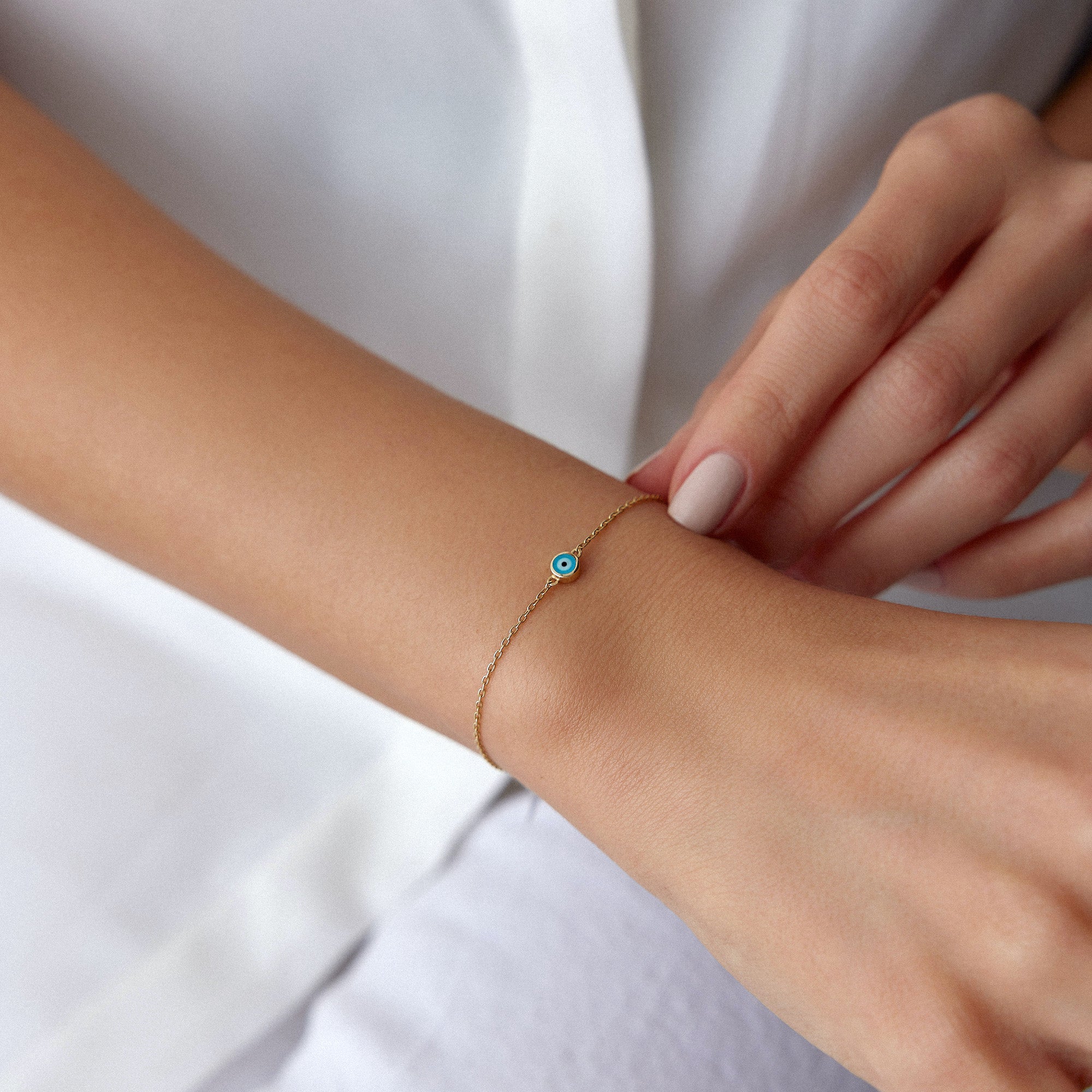 Ocean Blue Evil Eye Bracelet in 14K Gold