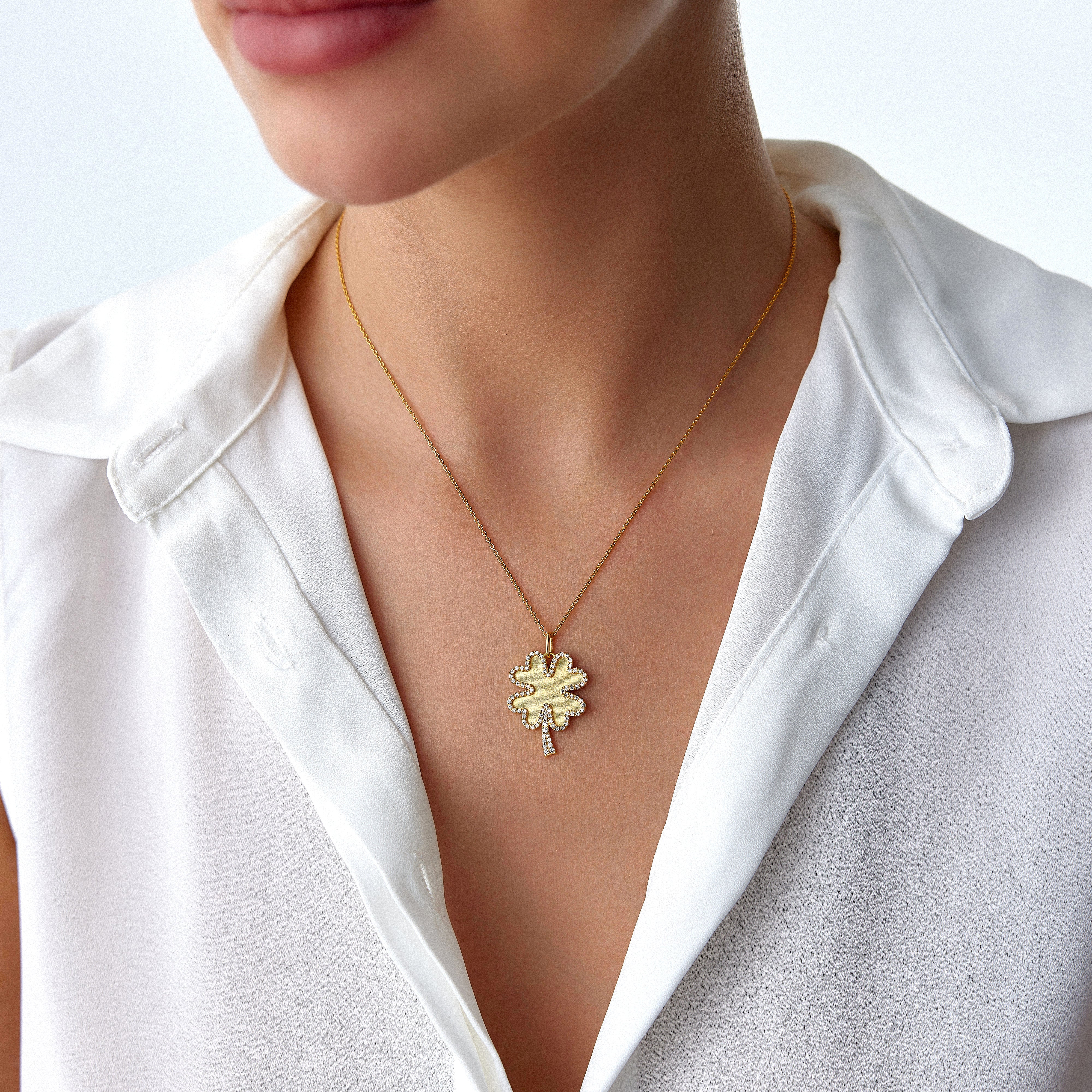 Diamond Matte Clover Necklace Available in 14K and 18K Gold / FORTUNA