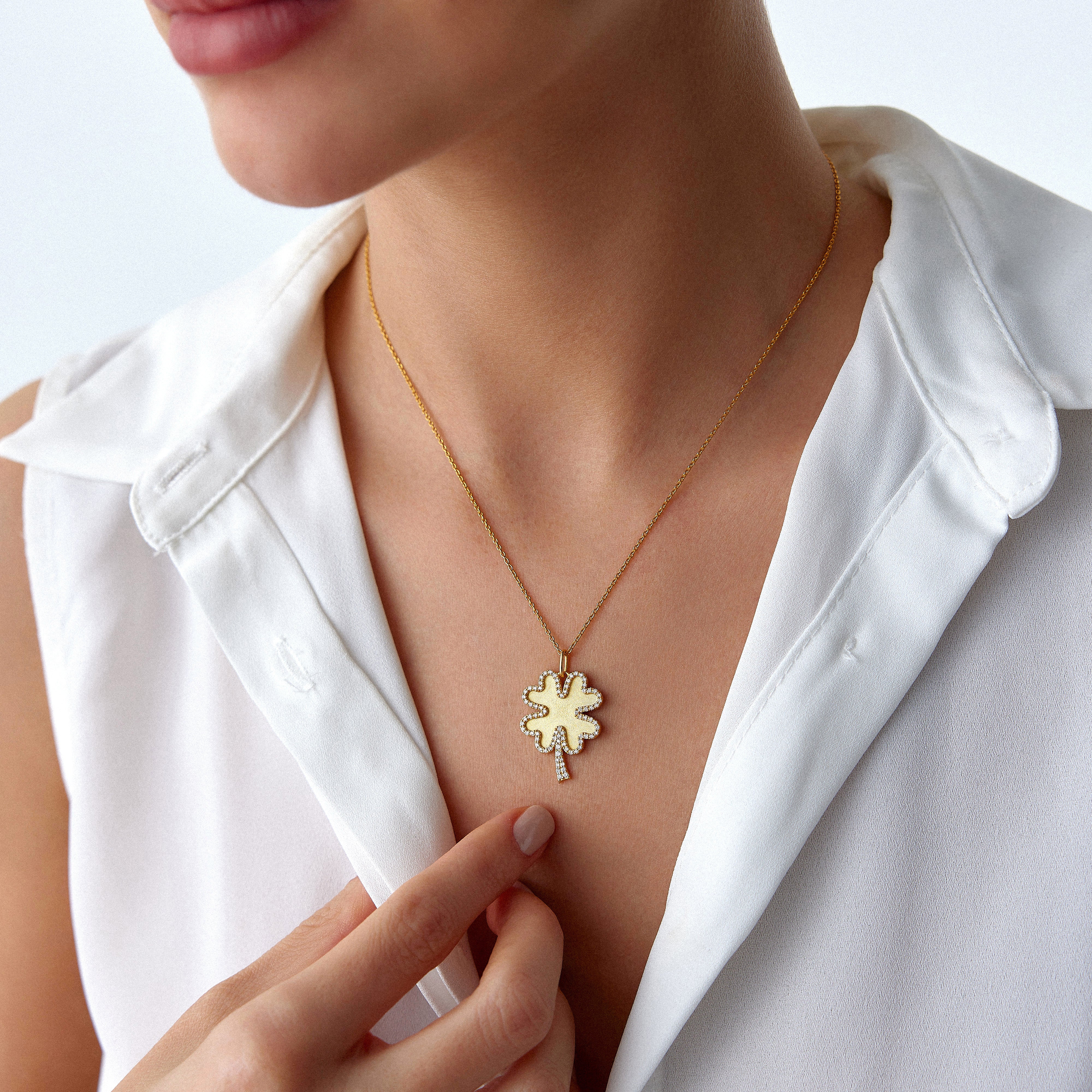 Diamond Matte Clover Necklace Available in 14K and 18K Gold / FORTUNA